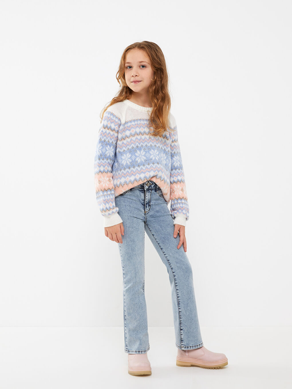 Ekru Bisiklet Yaka Desenli Uzun Kollu Kız Çocuk Triko Kazak-2