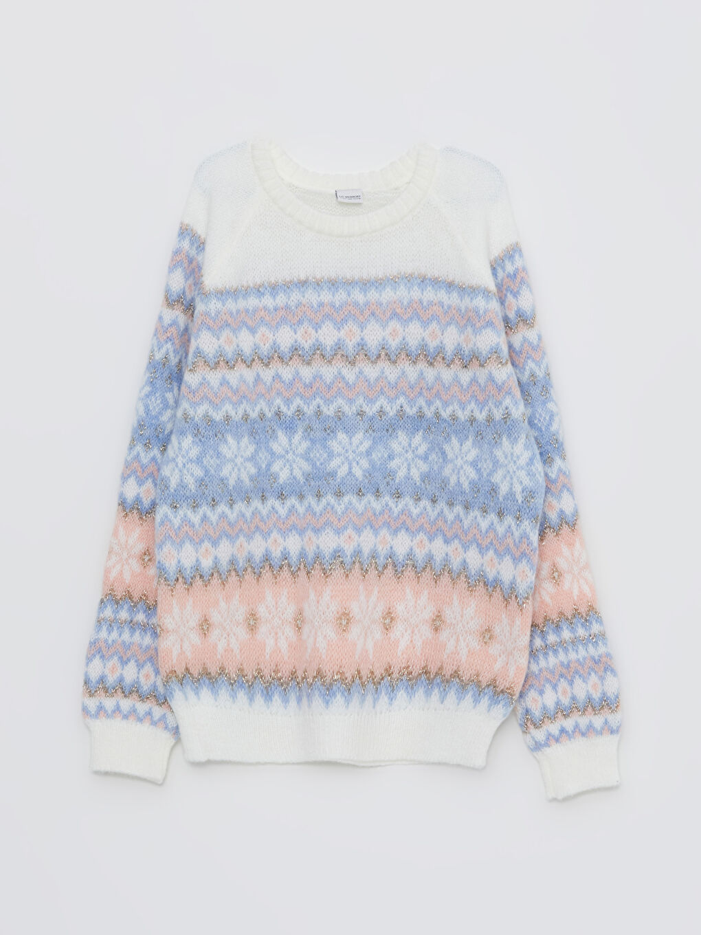 Ekru Bisiklet Yaka Desenli Uzun Kollu Kız Çocuk Triko Kazak-3