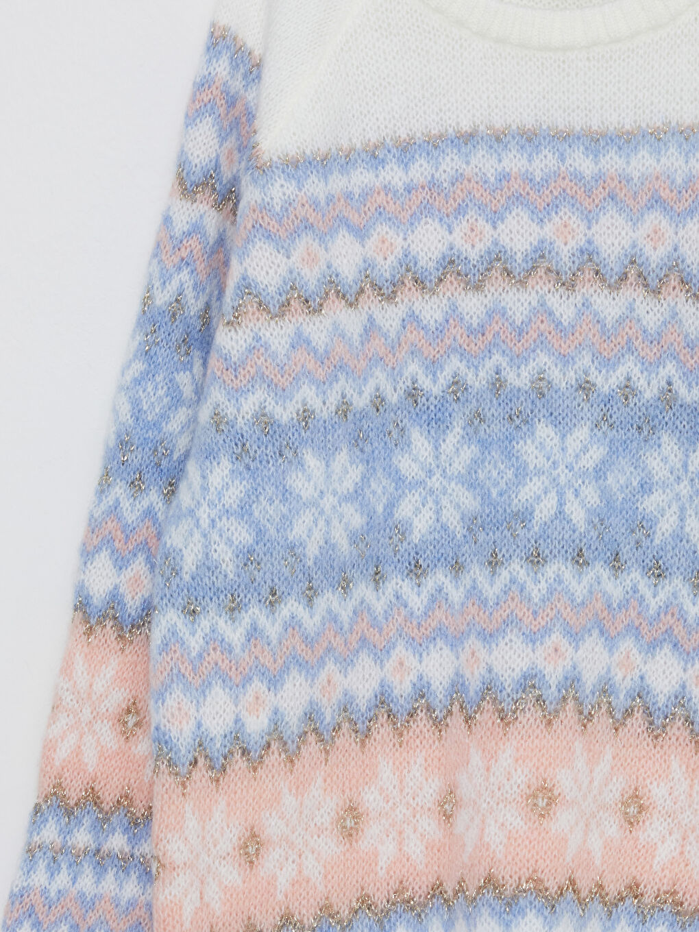 Ekru Bisiklet Yaka Desenli Uzun Kollu Kız Çocuk Triko Kazak-4