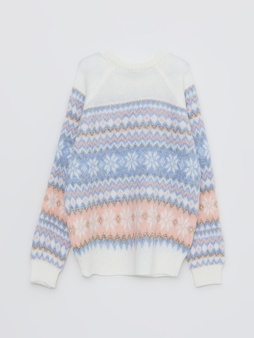 Ekru Bisiklet Yaka Desenli Uzun Kollu Kız Çocuk Triko Kazak-5