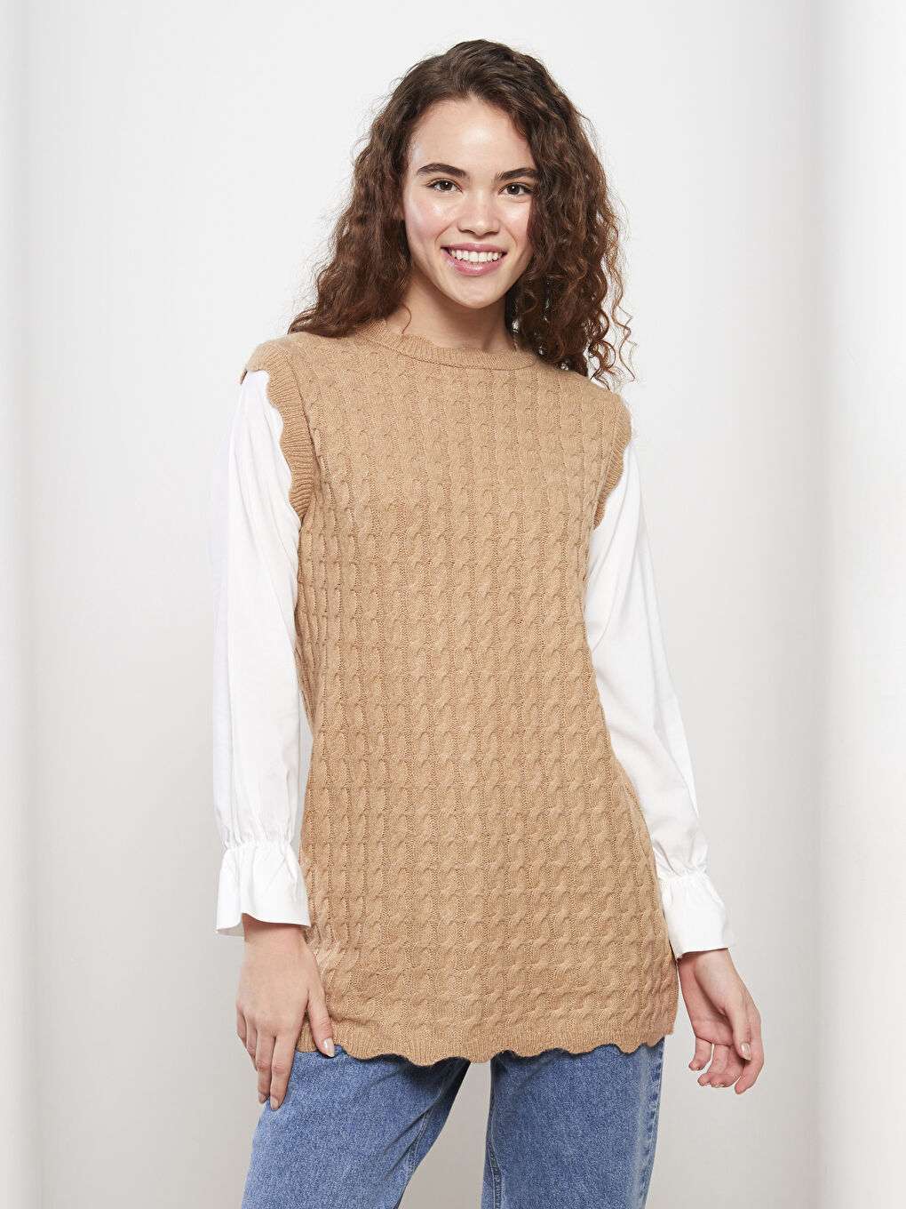 Bej Dik Yaka Kendinden Desenli Uzun Kollu Kadın Triko Tunik