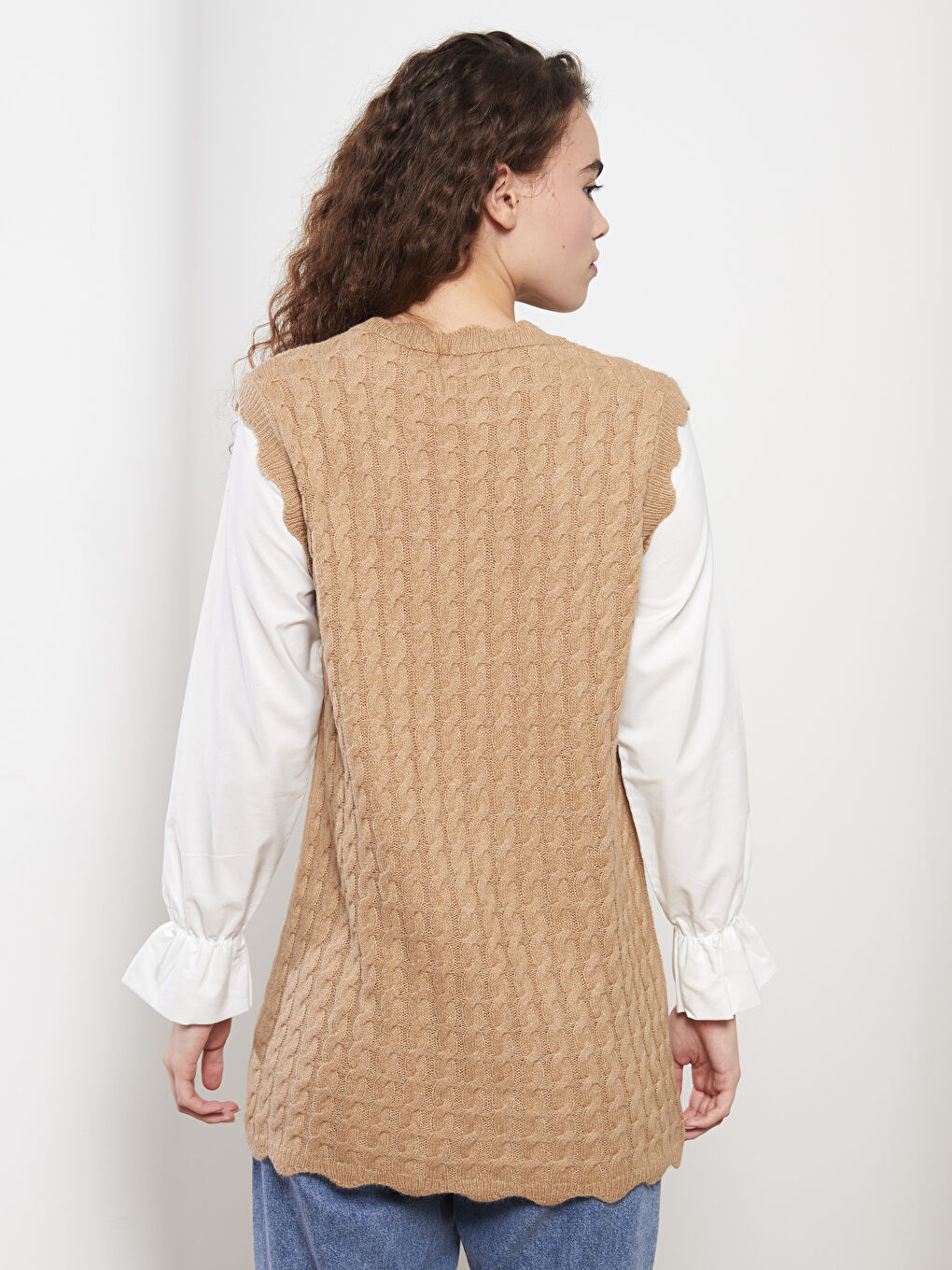 Bej Dik Yaka Kendinden Desenli Uzun Kollu Kadın Triko Tunik-4