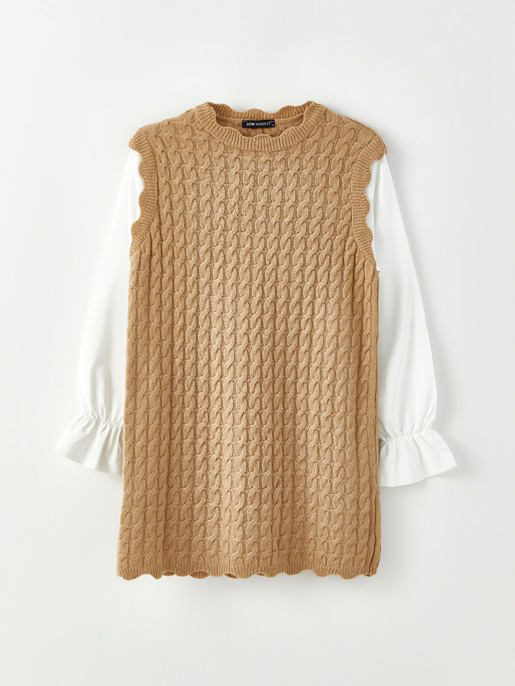 Bej Dik Yaka Kendinden Desenli Uzun Kollu Kadın Triko Tunik-5