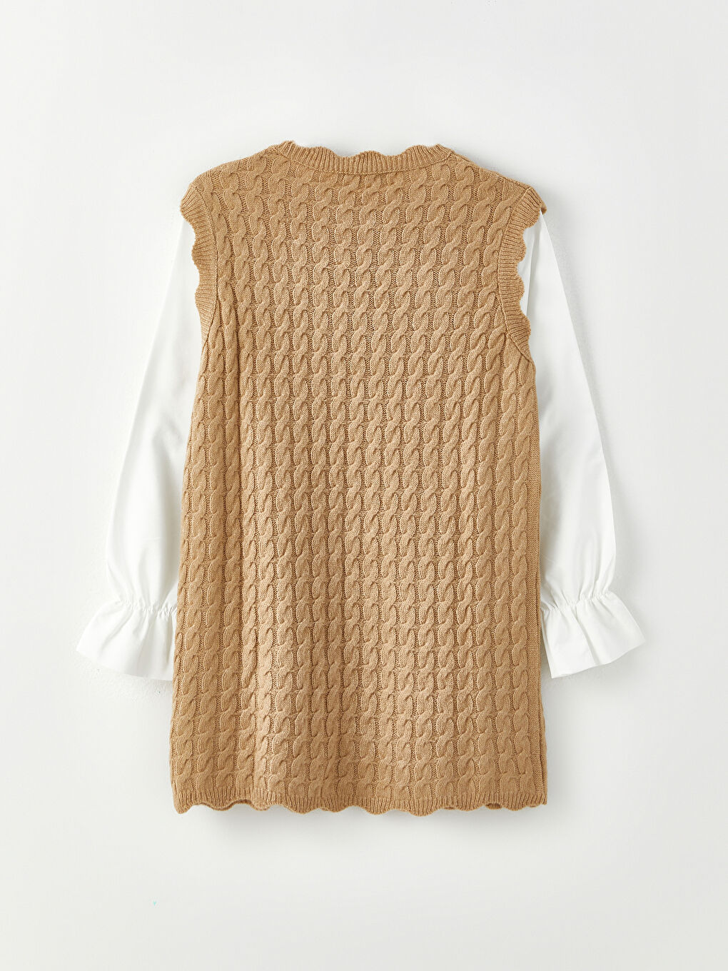 Bej Dik Yaka Kendinden Desenli Uzun Kollu Kadın Triko Tunik-6