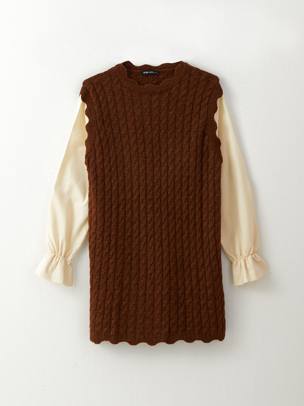 Kahverengi Dik Yaka Kendinden Desenli Uzun Kollu Kadın Triko Tunik-5