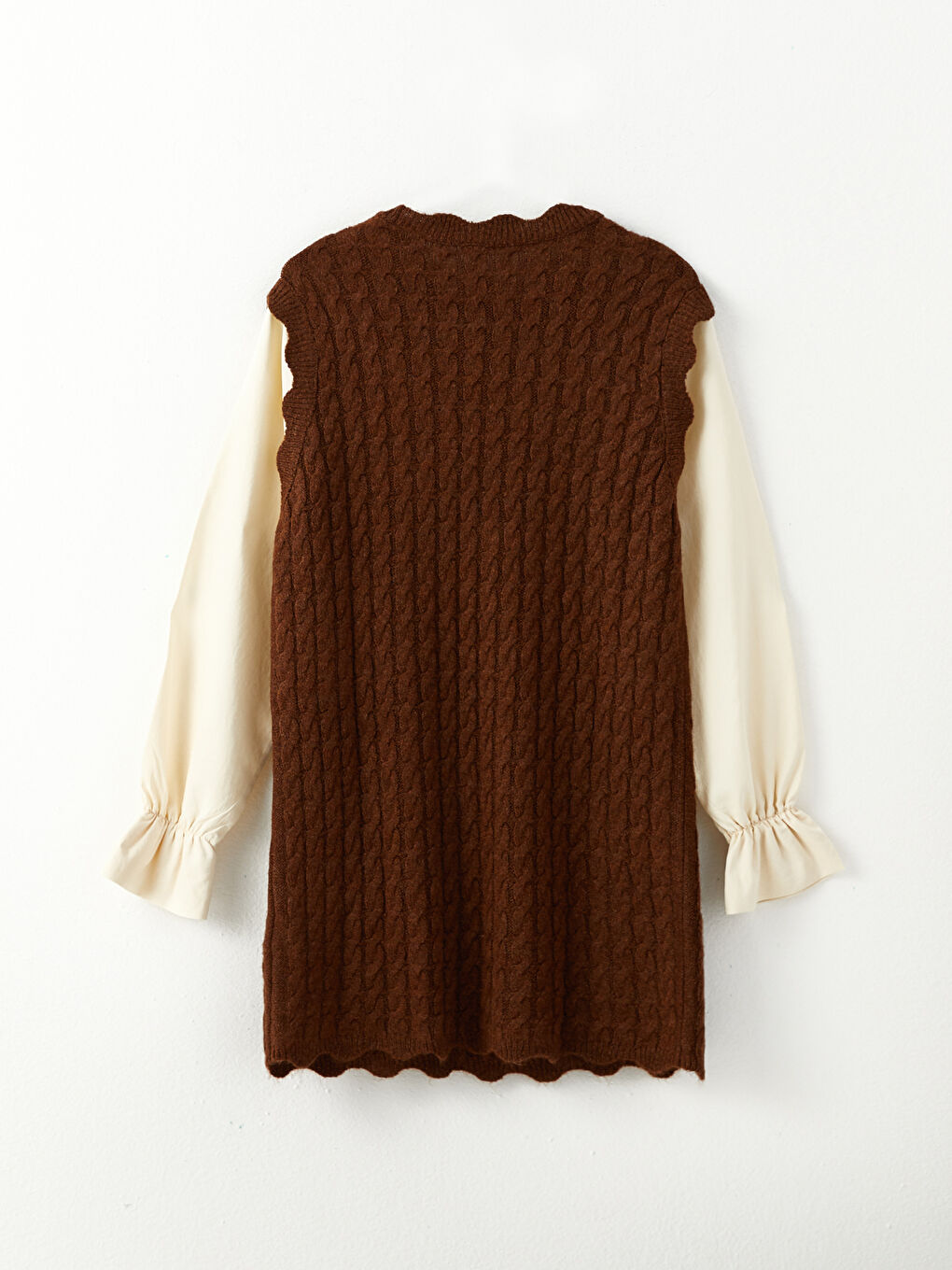 Kahverengi Dik Yaka Kendinden Desenli Uzun Kollu Kadın Triko Tunik-6