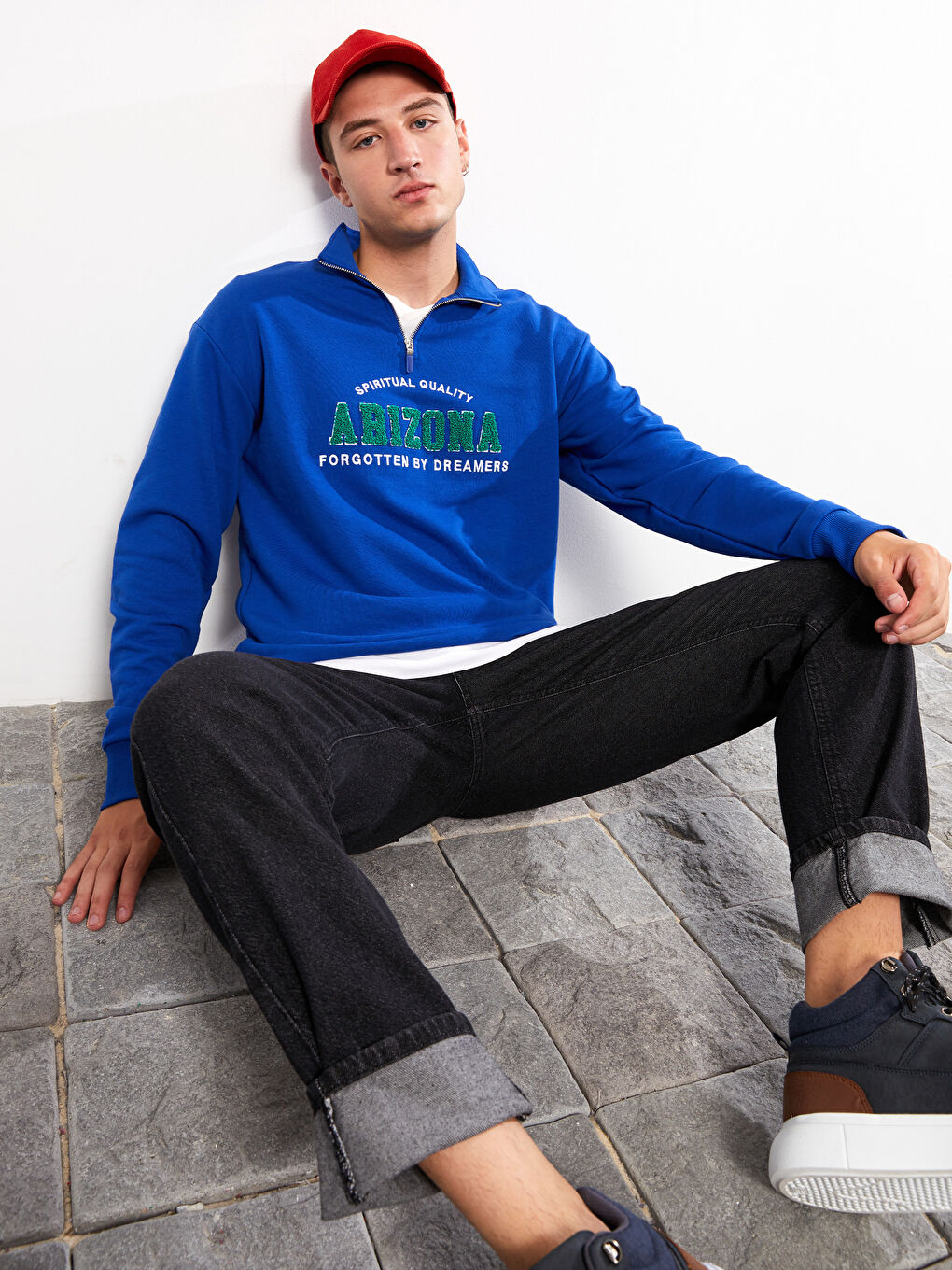 Mavi Oversize Dik Yaka Uzun Kollu Baskılı Erkek Sweatshirt