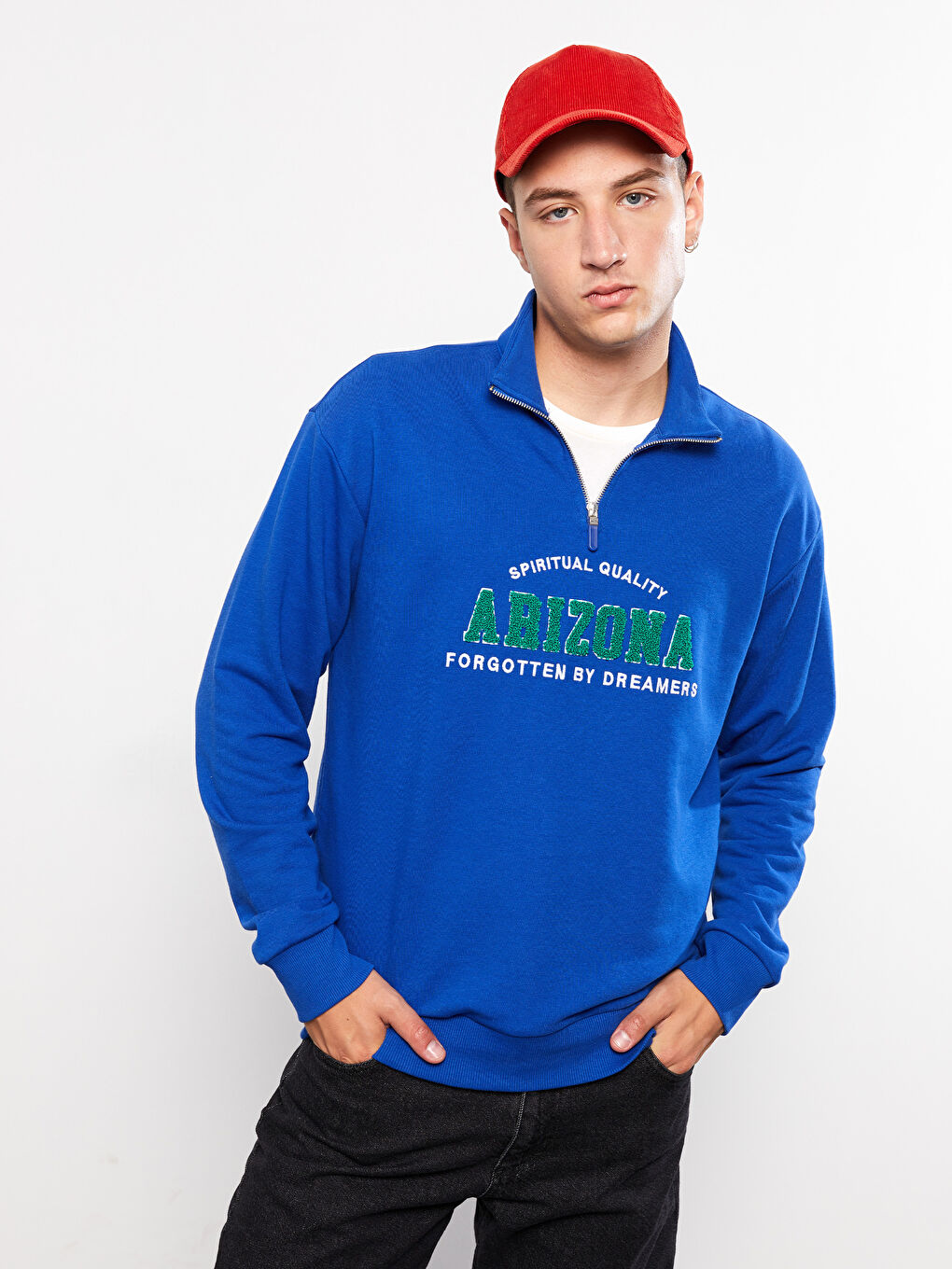 Mavi Oversize Dik Yaka Uzun Kollu Baskılı Erkek Sweatshirt-1