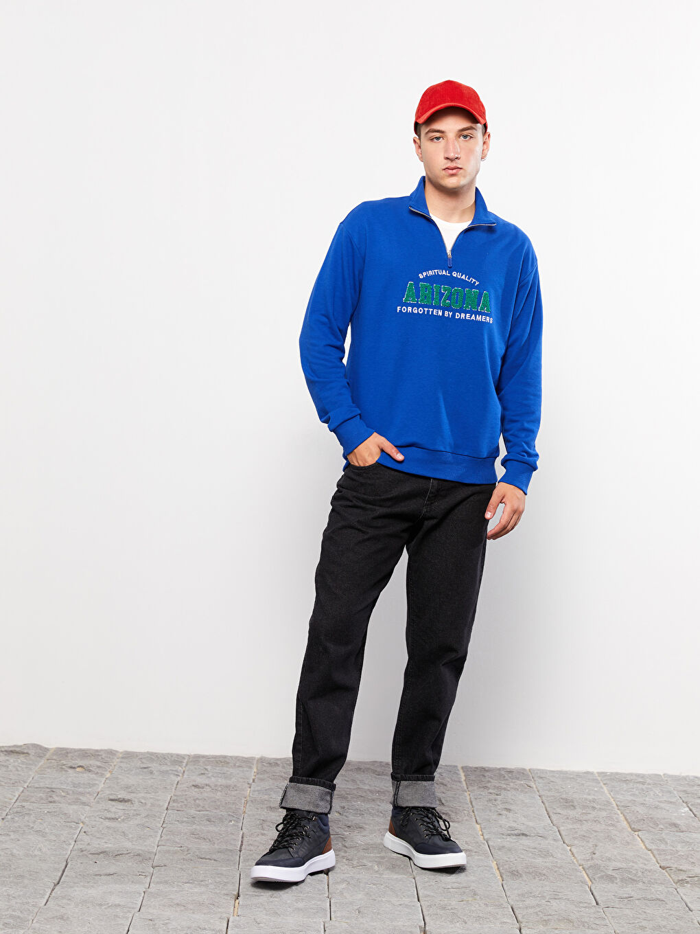 Mavi Oversize Dik Yaka Uzun Kollu Baskılı Erkek Sweatshirt-2