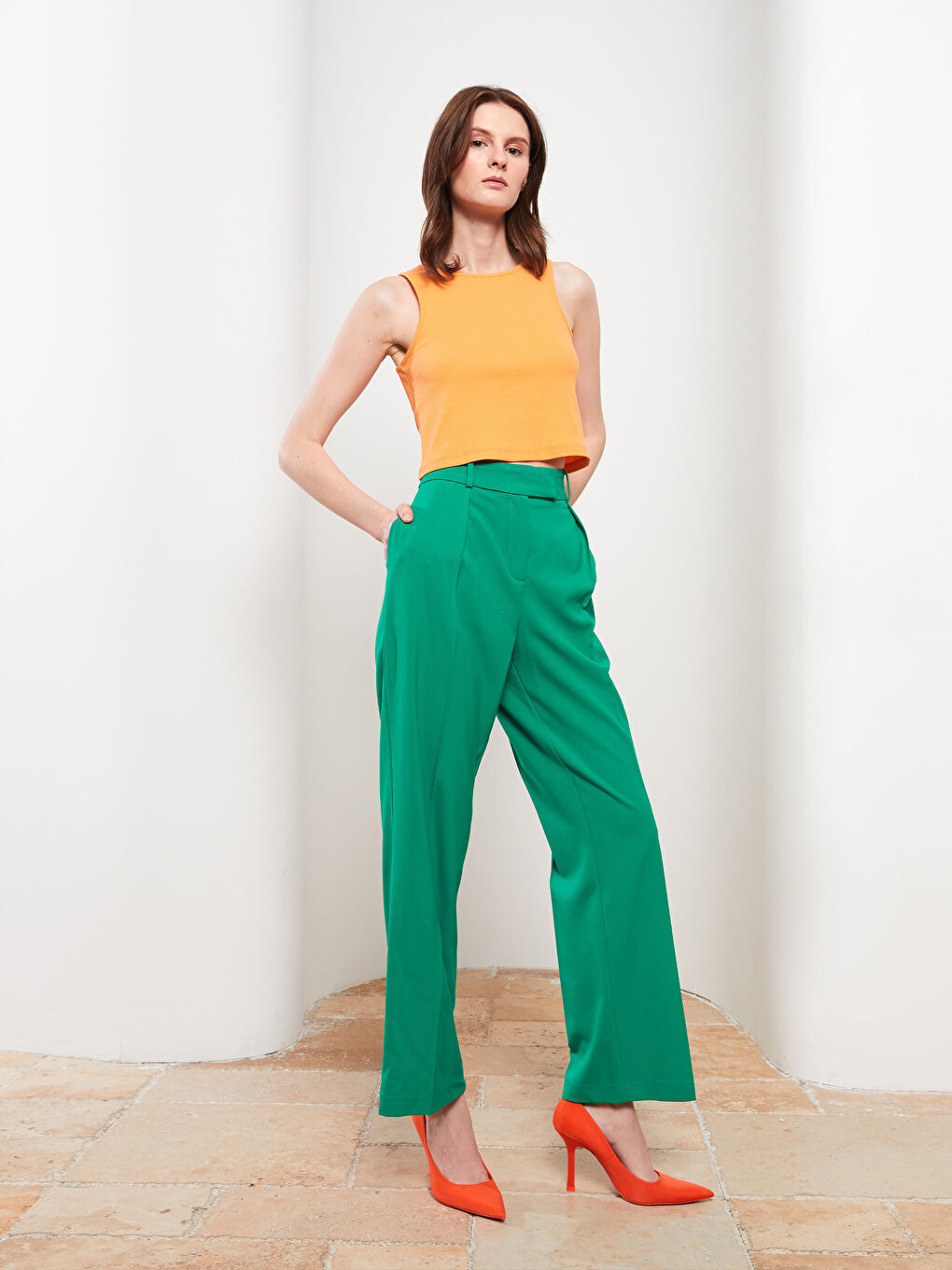 Yeşil Kadın Yüksek Bel Rahat Kalıp Düz Pantolon-2