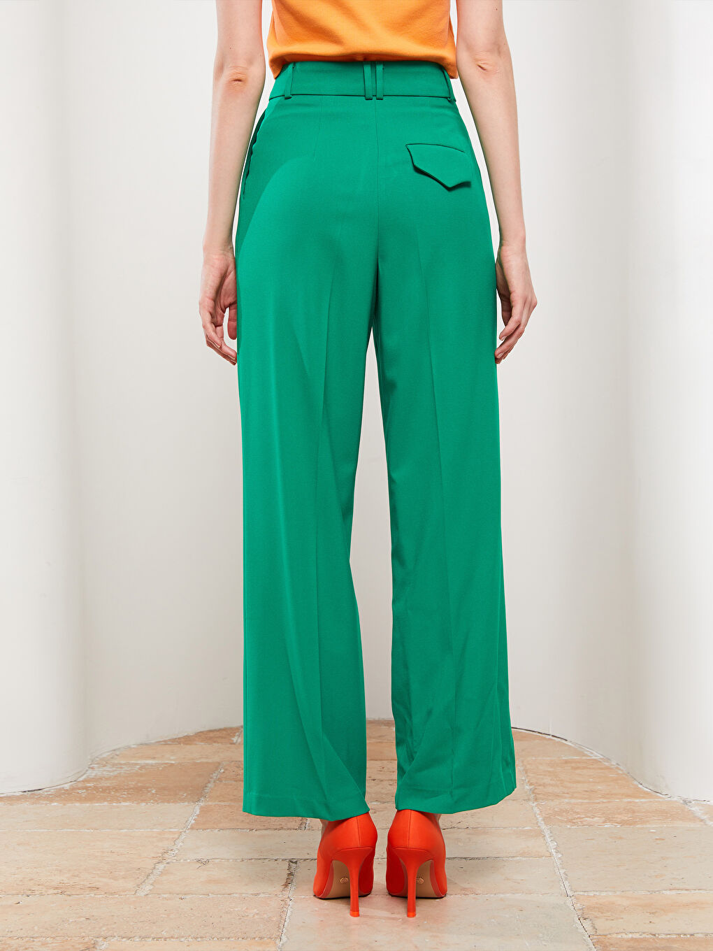 Yeşil Kadın Yüksek Bel Rahat Kalıp Düz Pantolon-4