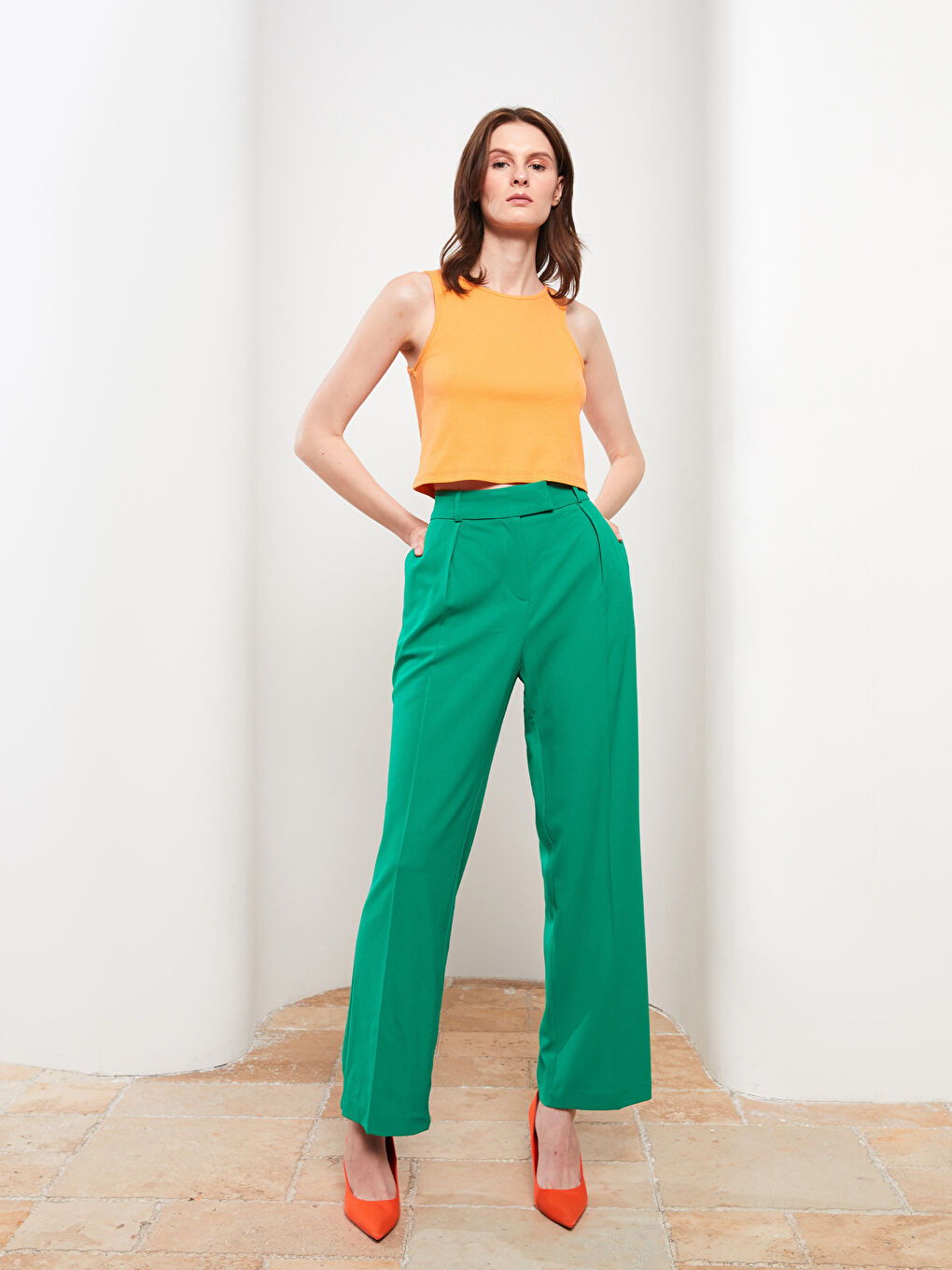 Yeşil Kadın Yüksek Bel Rahat Kalıp Düz Pantolon-1