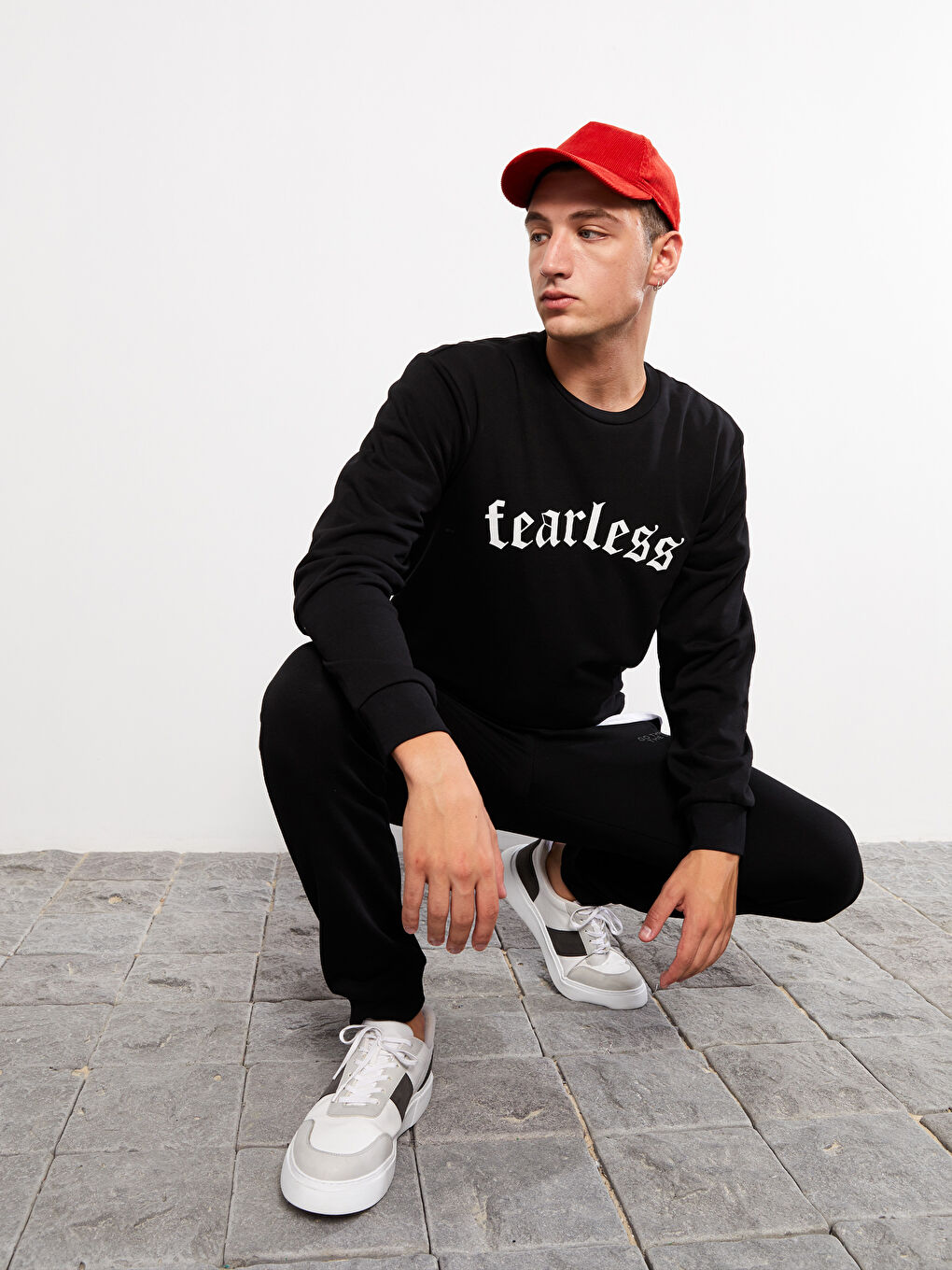 Siyah Bisiklet Yaka Baskılı Erkek Kalın Sweatshirt