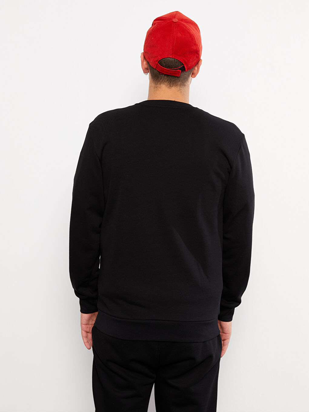 Siyah Bisiklet Yaka Baskılı Erkek Kalın Sweatshirt-3