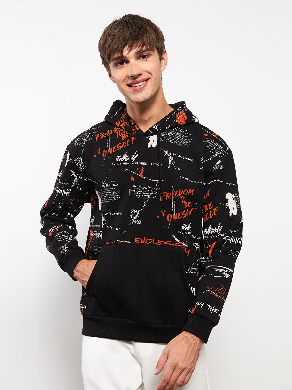 Siyah Uzun Kollu Baskılı Erkek Kalın Hoodie