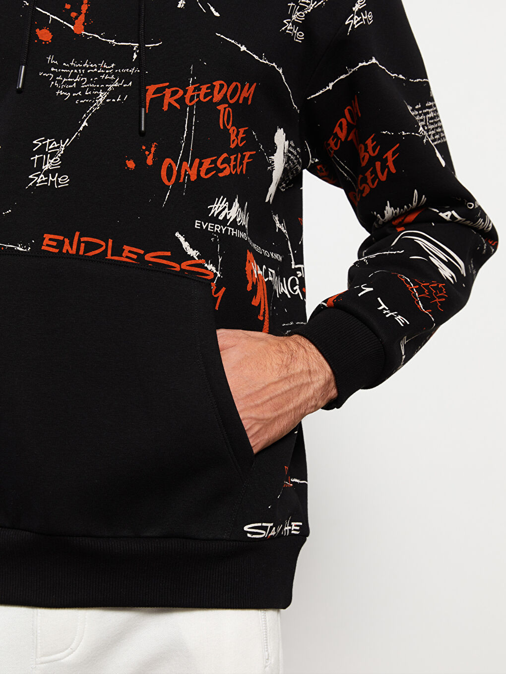 Siyah Uzun Kollu Baskılı Erkek Kalın Hoodie-3
