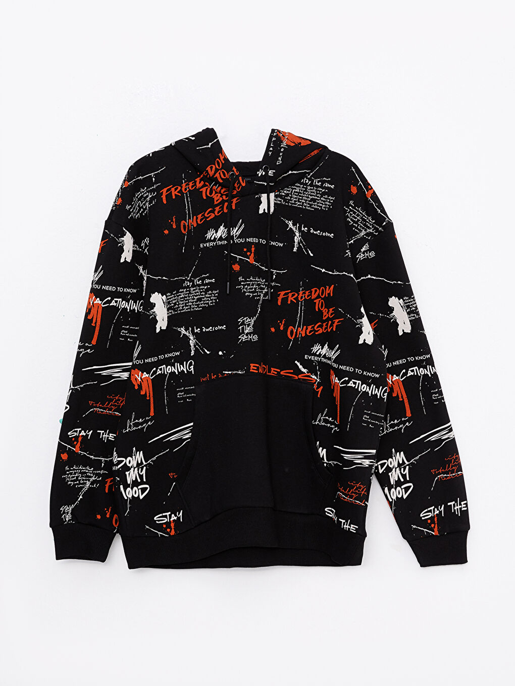 Siyah Uzun Kollu Baskılı Erkek Kalın Hoodie-5