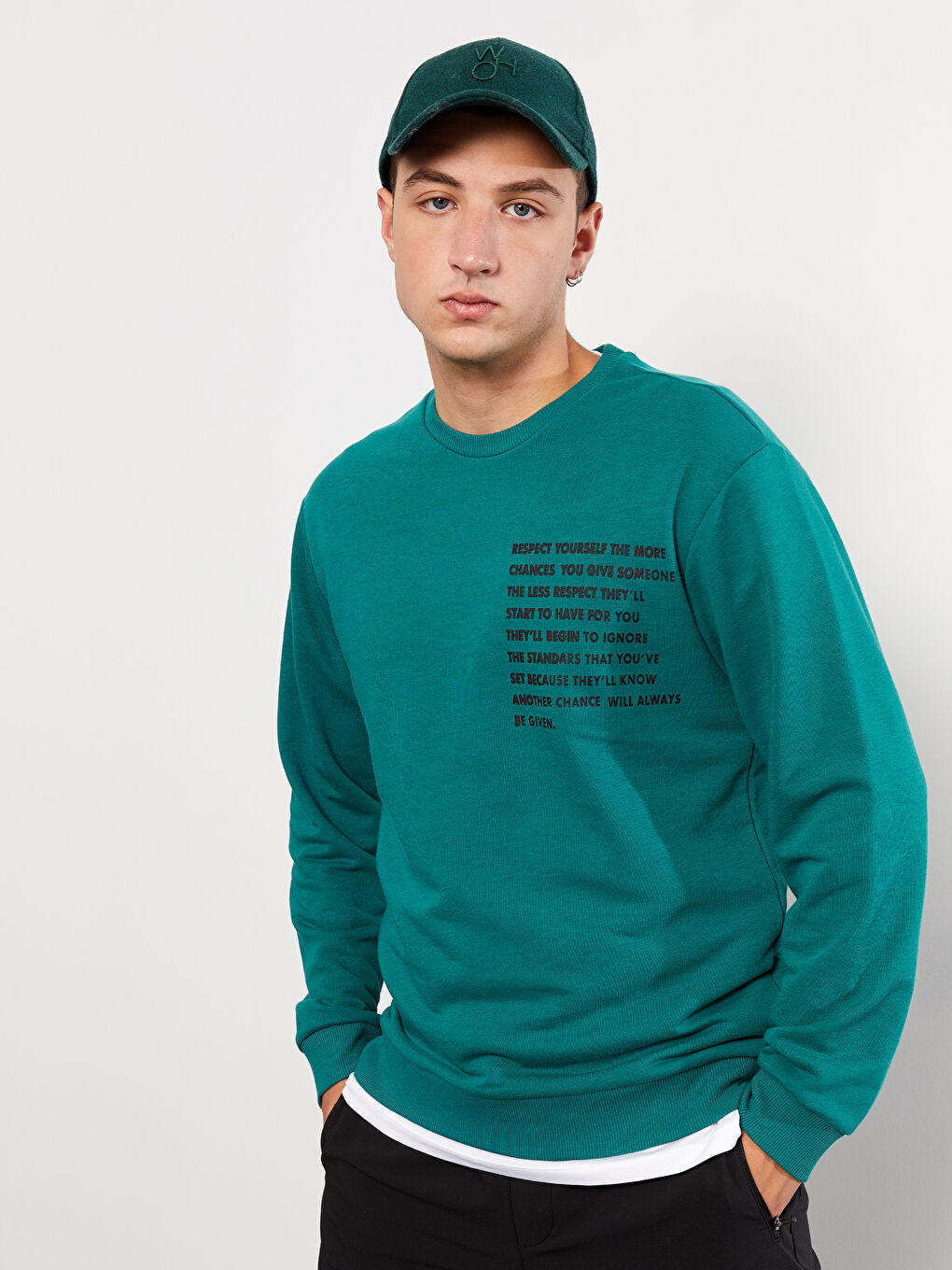 Yeşil Bisiklet Yaka Uzun Kollu Baskılı Erkek Sweatshirt-1