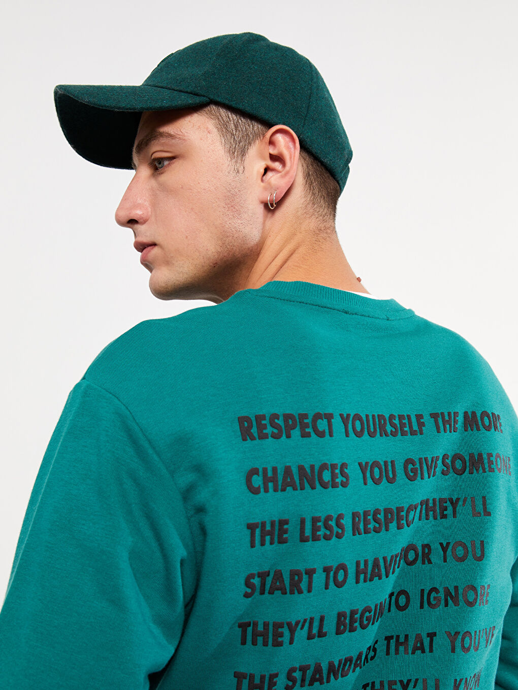 Yeşil Bisiklet Yaka Uzun Kollu Baskılı Erkek Sweatshirt-2