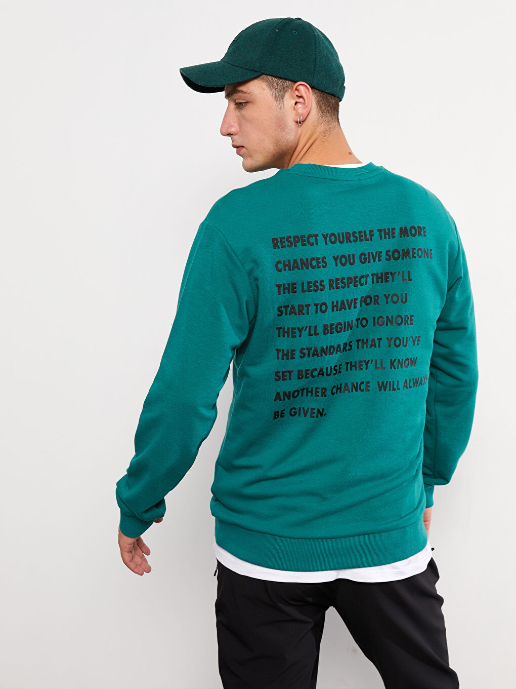 Yeşil Bisiklet Yaka Uzun Kollu Baskılı Erkek Sweatshirt-4