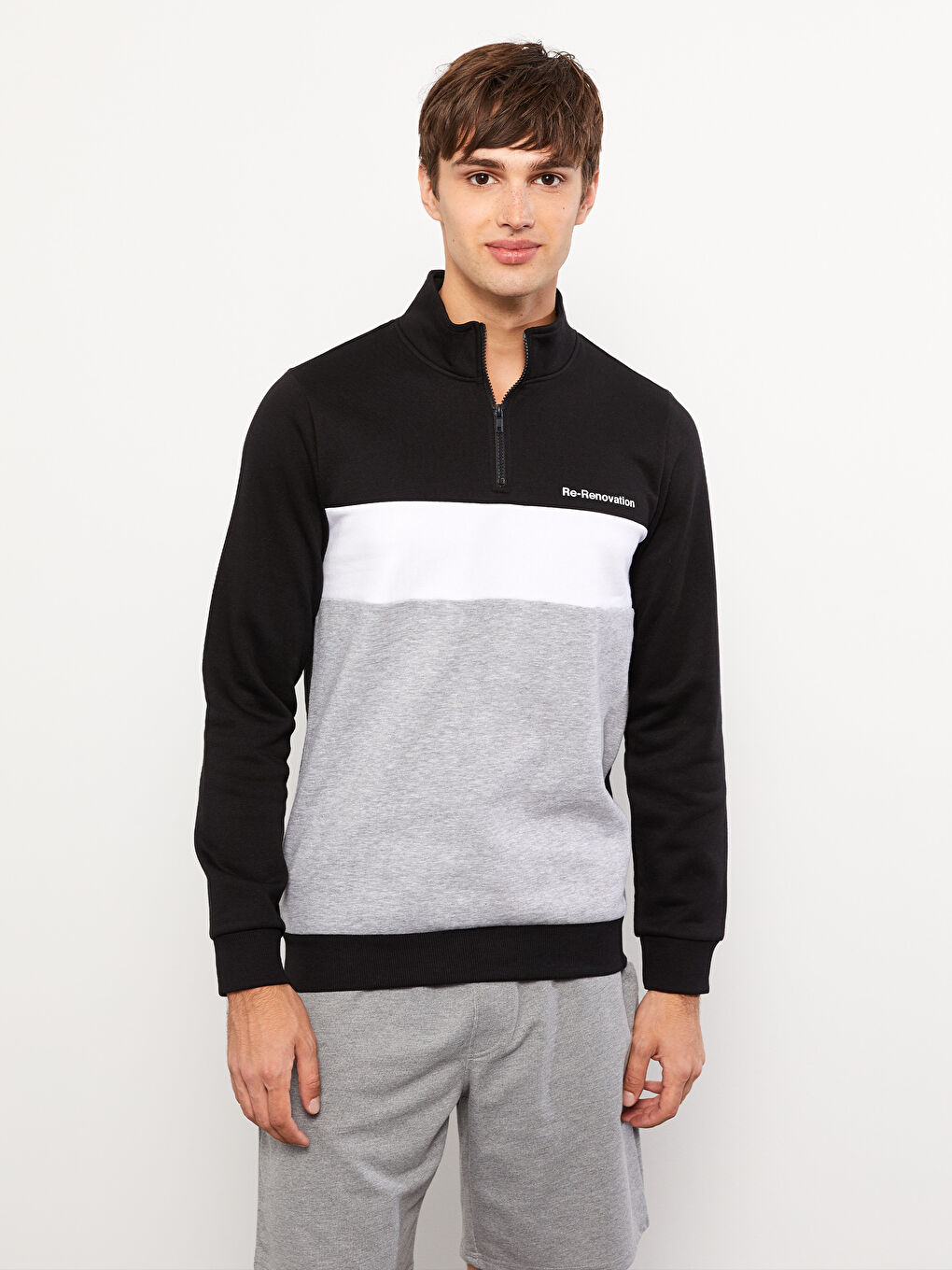 Funnel Neck Long Sleeve Color Block Men's Sweatshirt-1