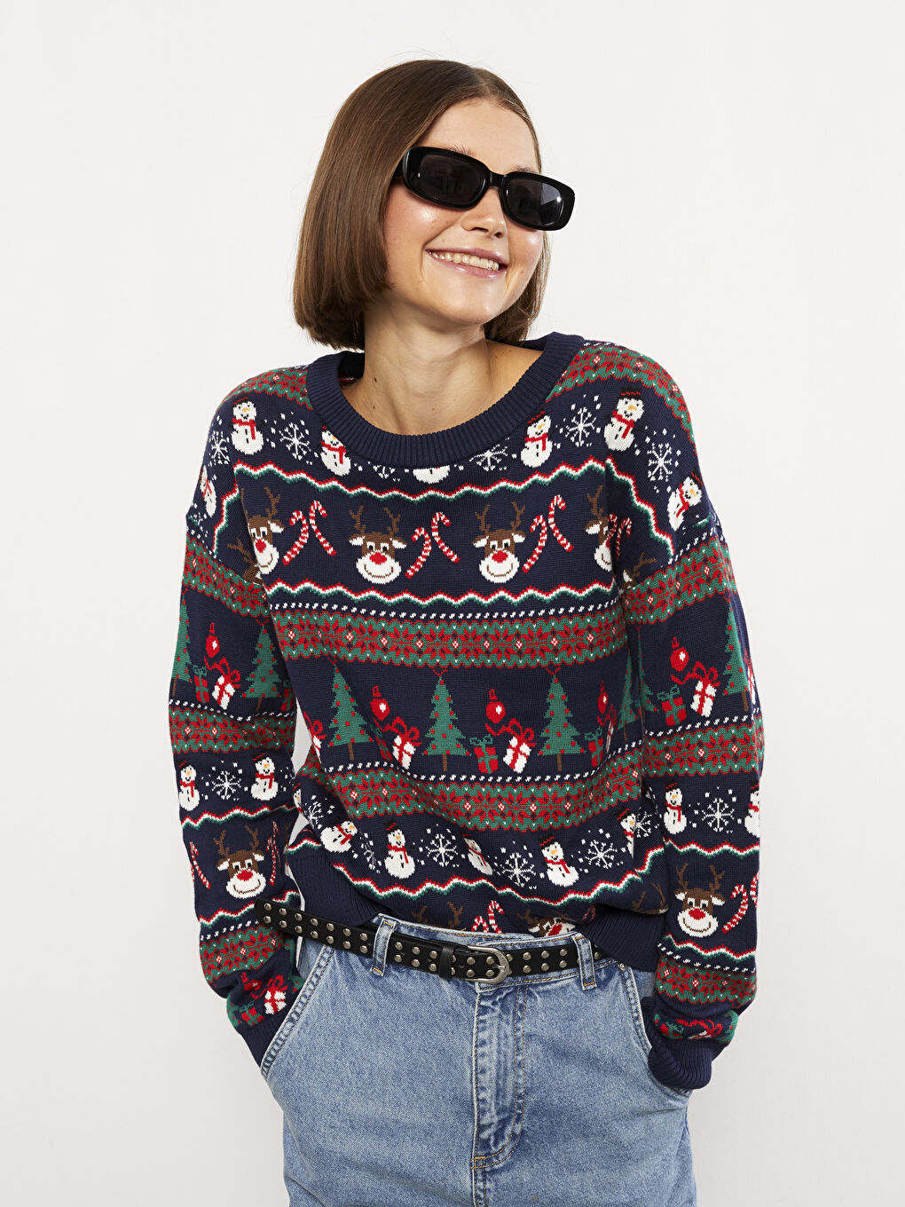 LCW Vision Rundhalsausschnitt Neujahrsmotiv Langarm Damen Strickpullover -W2CL35Z8-HFH