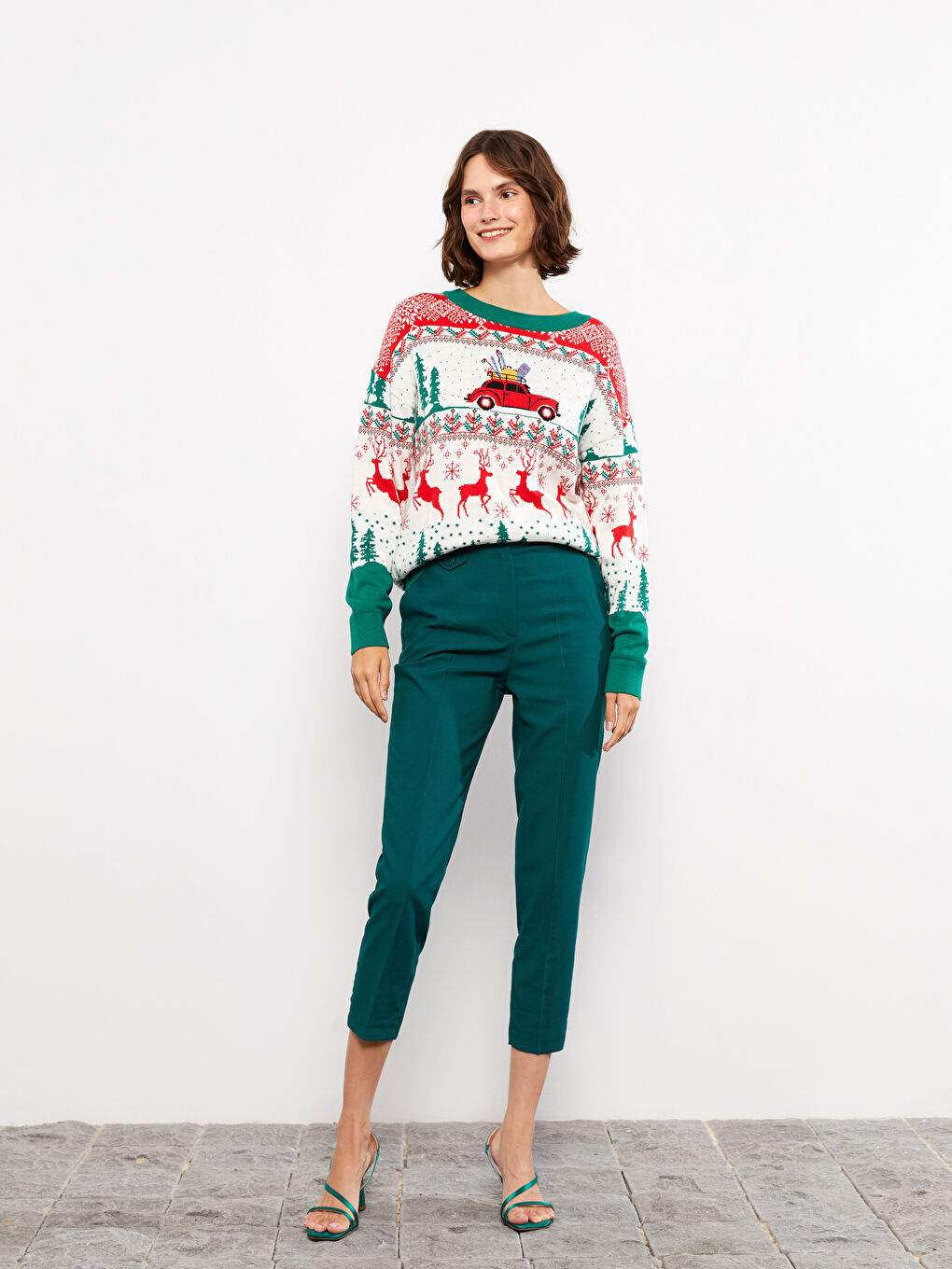 LCW Vision Rundhalsausschnitt Bedruckter Langarm Damen Strickpullover -W2CL37Z8-FDU