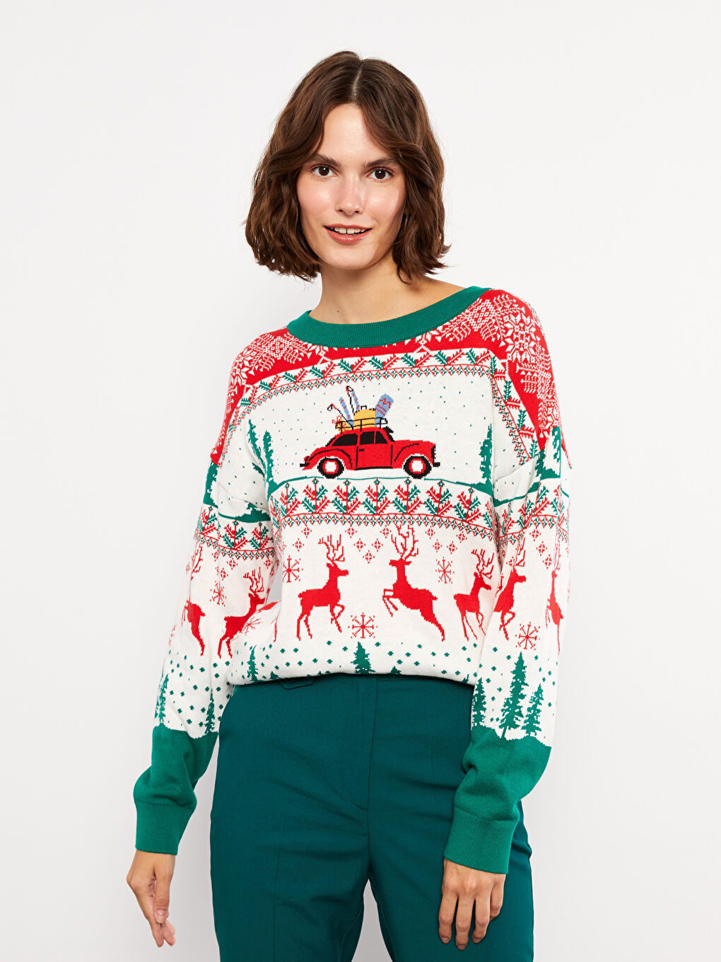 LCW Vision Rundhalsausschnitt Bedruckter Langarm Damen Strickpullover -W2CL37Z8-FDU