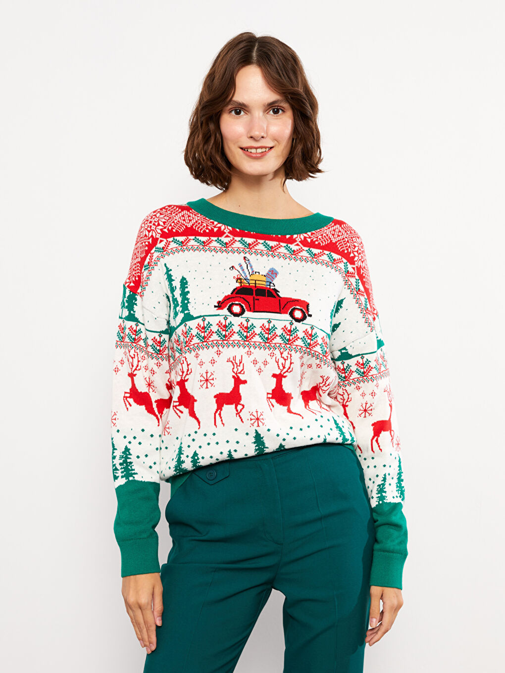 LCW Vision Rundhalsausschnitt Bedruckter Langarm Damen Strickpullover -W2CL37Z8-FDU