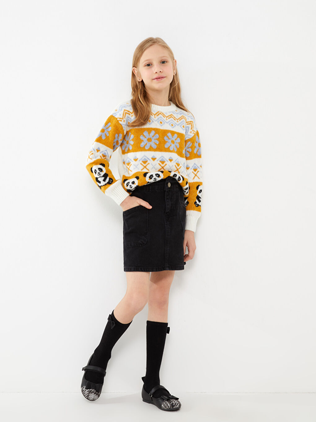 Ekru Bisiklet Yaka Desenli Uzun Kollu Kız Çocuk Triko Kazak-1