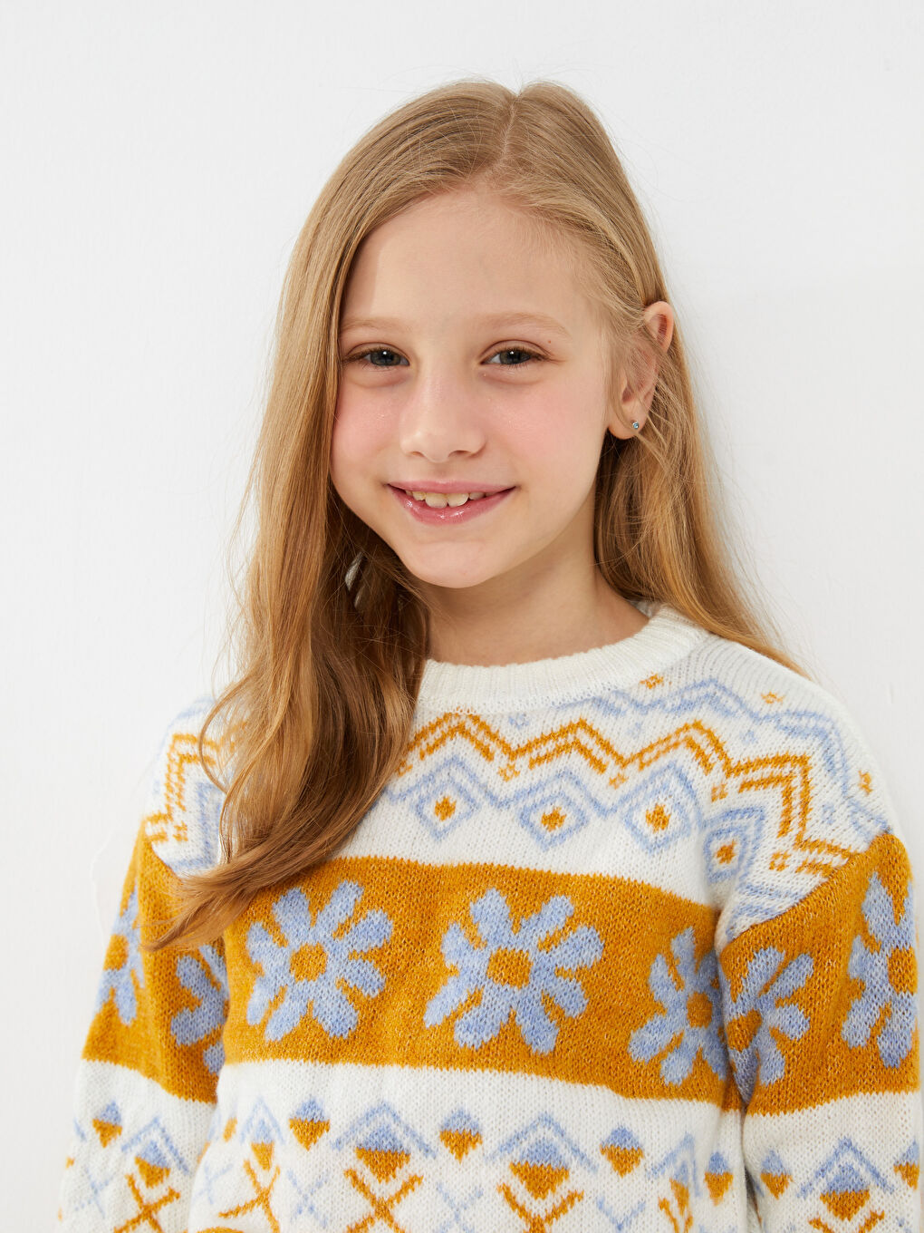 Ekru Bisiklet Yaka Desenli Uzun Kollu Kız Çocuk Triko Kazak-2