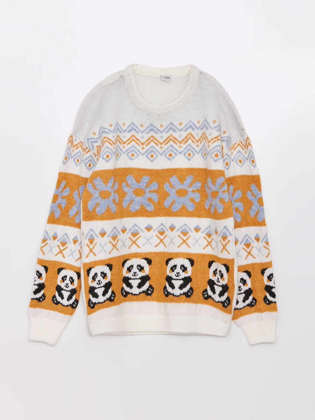 Ekru Bisiklet Yaka Desenli Uzun Kollu Kız Çocuk Triko Kazak-3