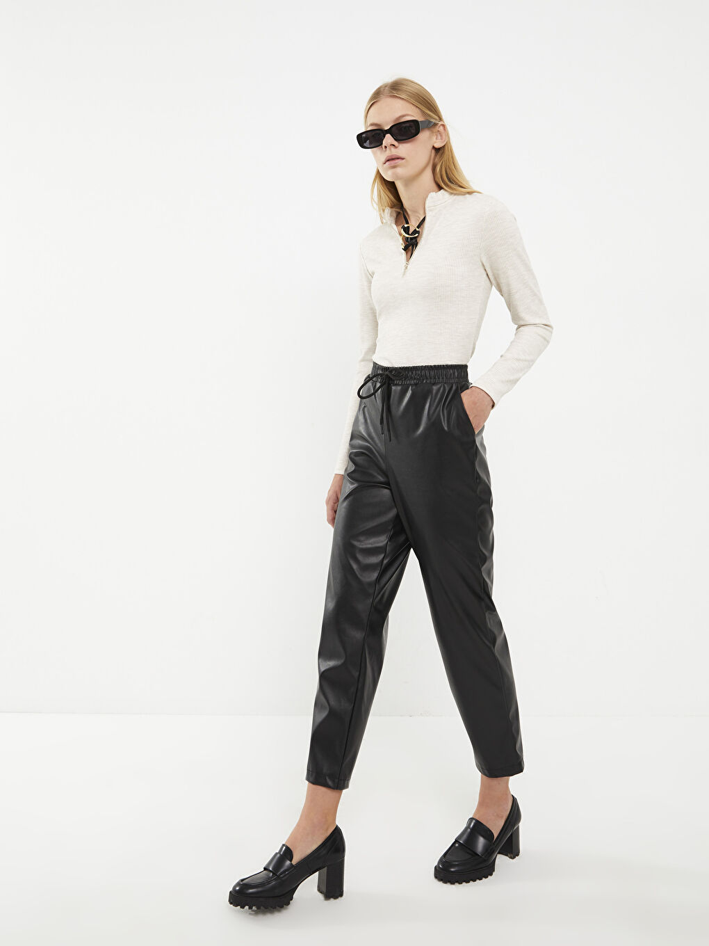 Elasticated Waist Faux Leather Women's Trousers