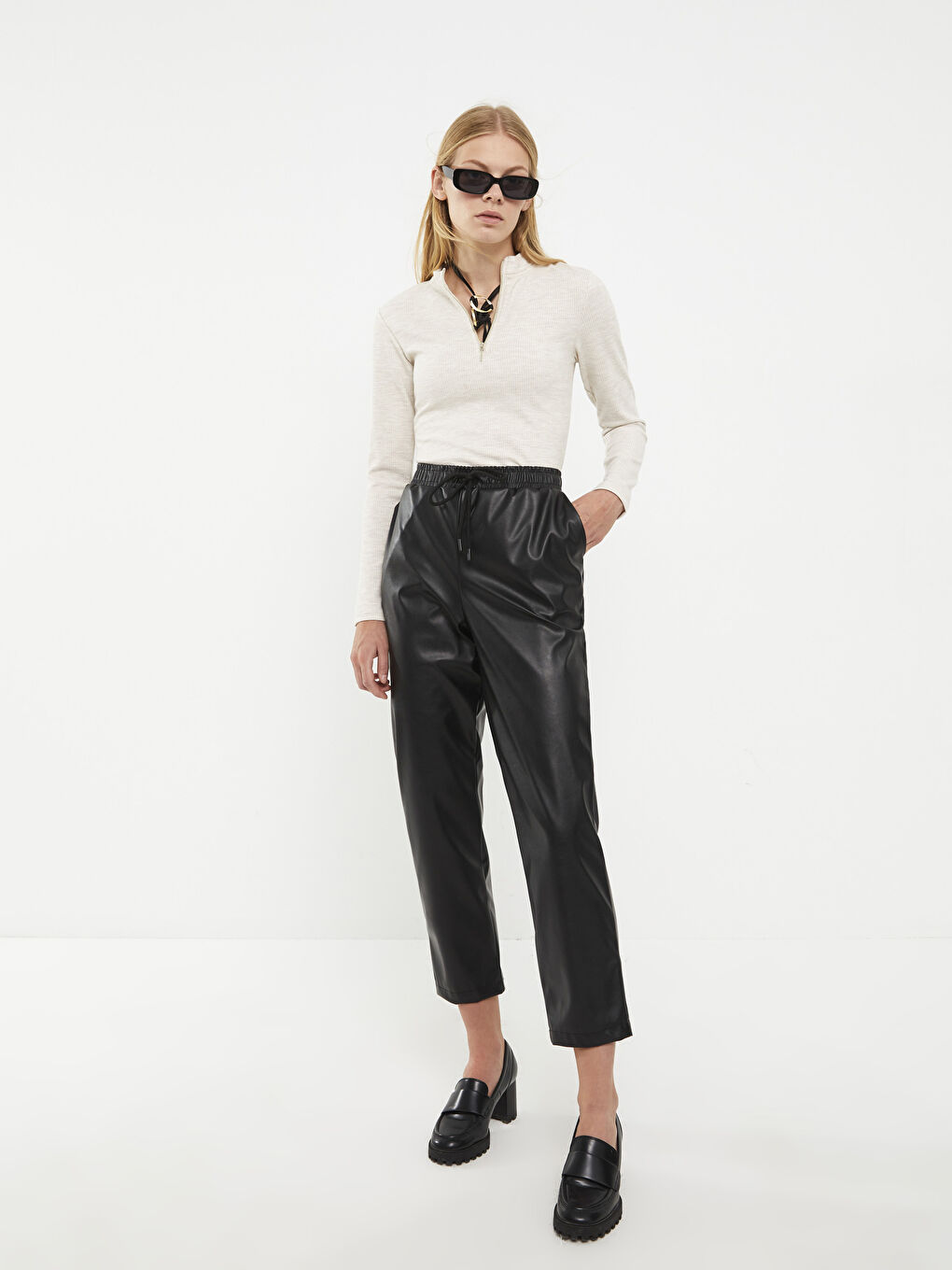Elasticated Waist Faux Leather Women's Trousers-1