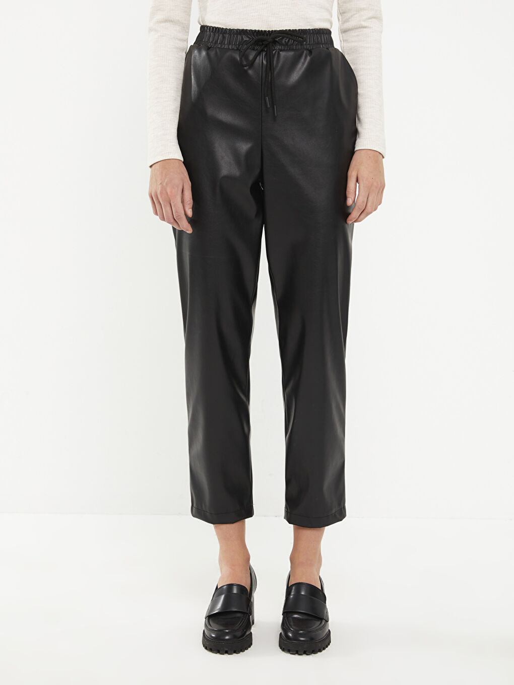 Elasticated Waist Faux Leather Women's Trousers-2