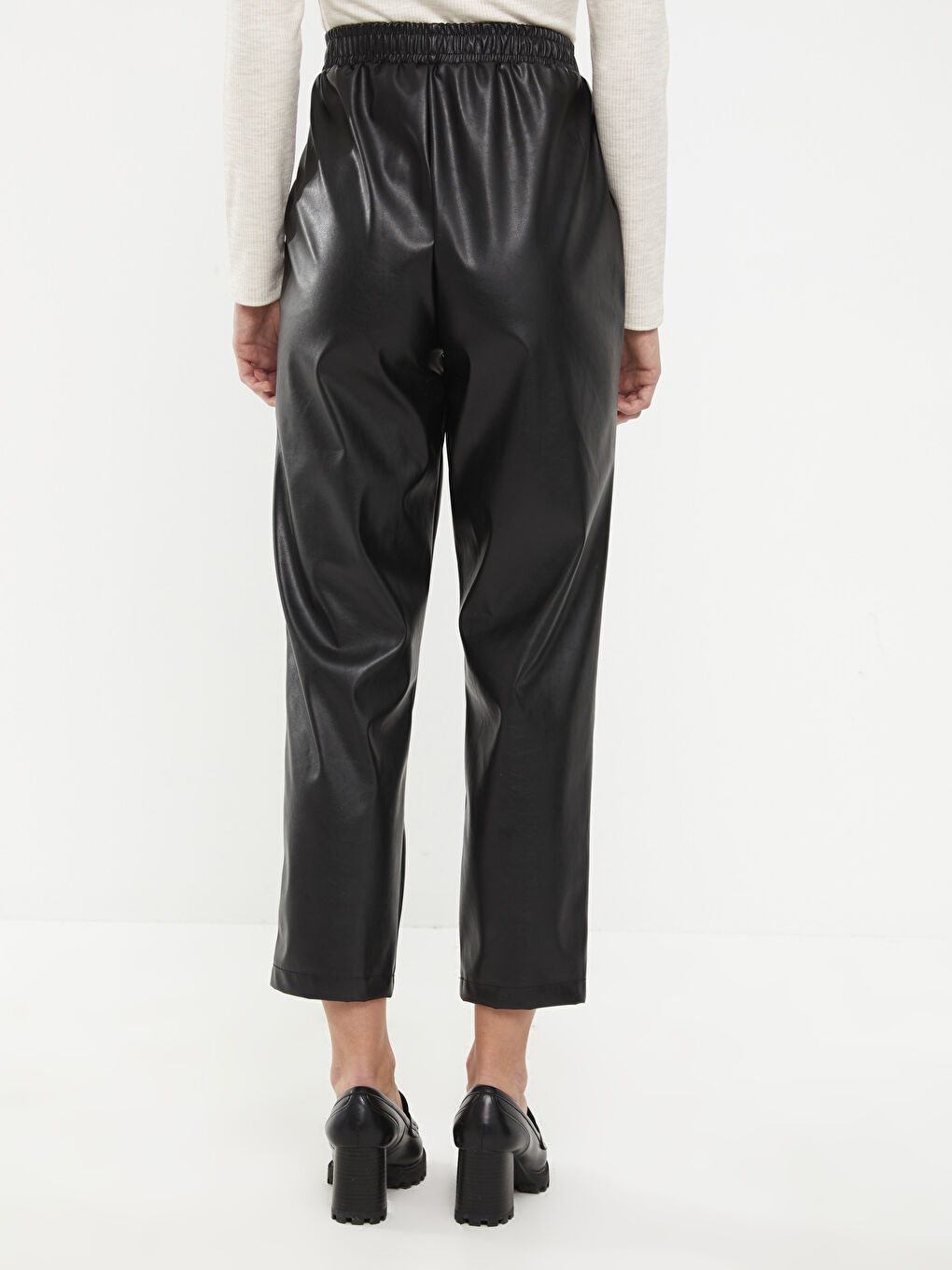 Elasticated Waist Faux Leather Women's Trousers-4