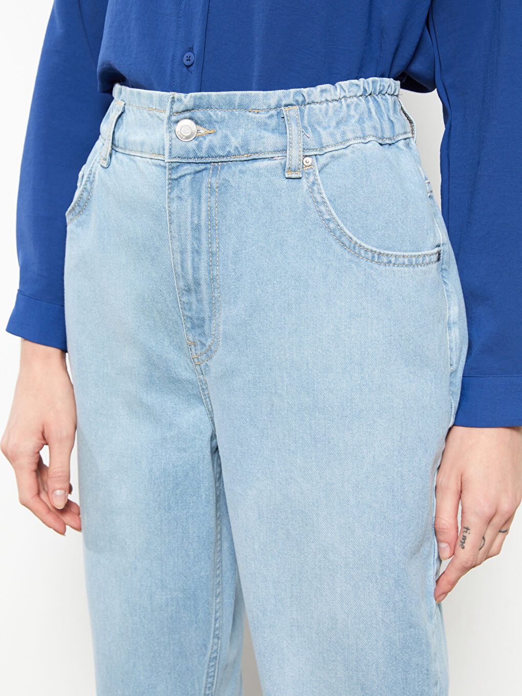 Women's High Waisted Relaxed Fit Regular Denim Trousers-3