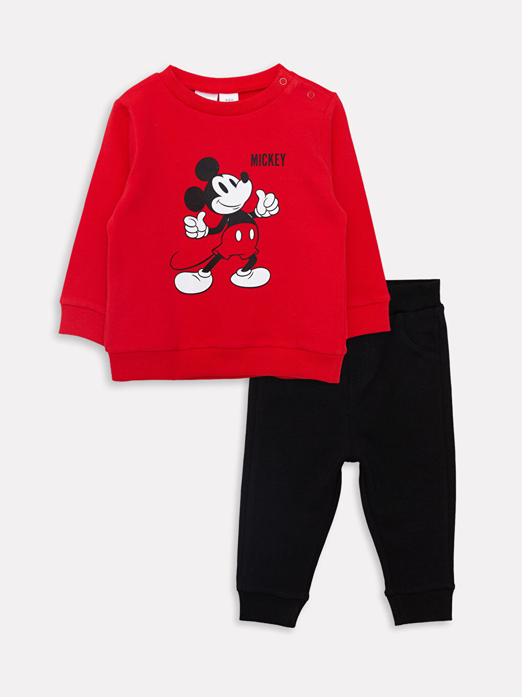 Kırmızı Bisiklet Yaka Uzun Kollu Mickey Mouse Baskılı Sweatshirt ve Eşofman Alt Erkek Bebek 2'li Takım