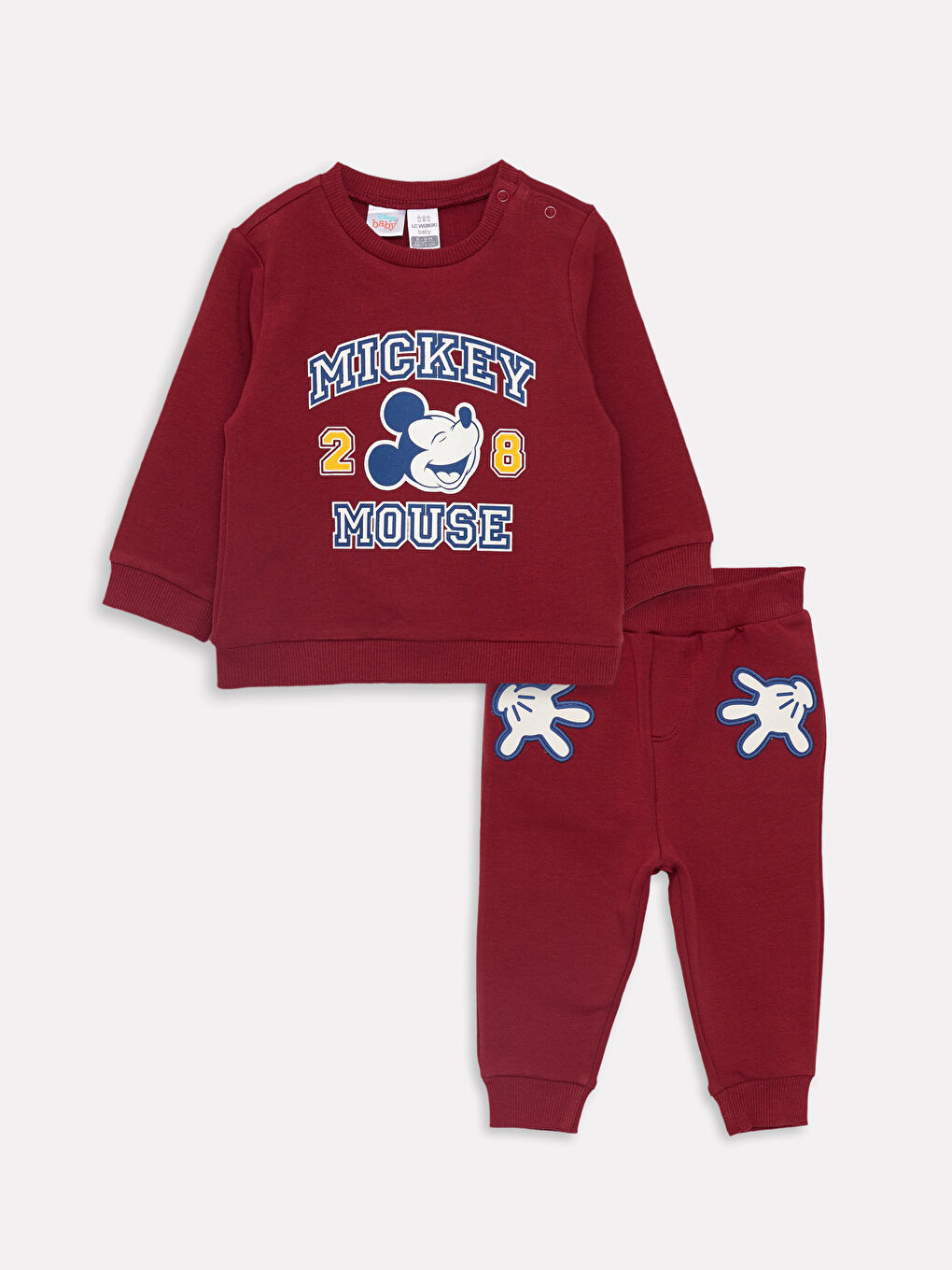 Bordo Bisiklet Yaka Uzun Kollu Mickey Mouse Baskılı Sweatshirt ve Eşofman Alt Erkek Bebek 2'li Takım