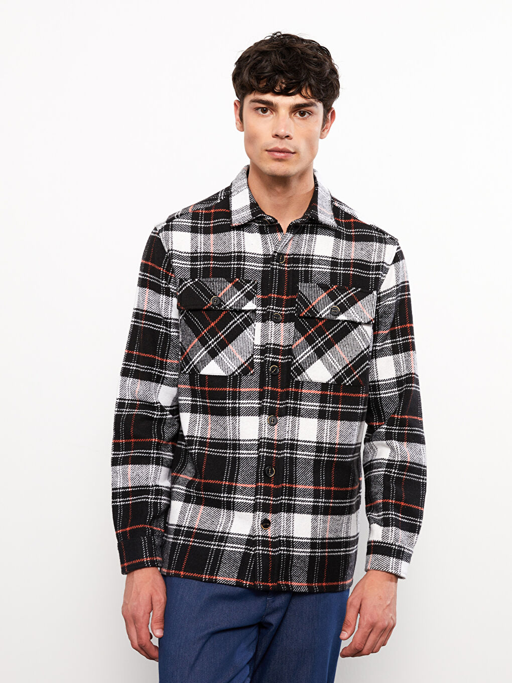 Siyah Rahat Kalıp Uzun Kollu Ekose Erkek Oduncu Gömlek Ceket