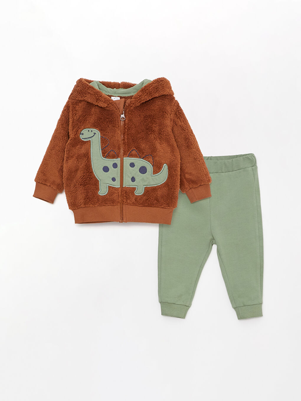 Kahverengi Kapüşonlu Uzun Kollu Nakışlı Erkek Bebek Hırka Pantolon Takım 2'li