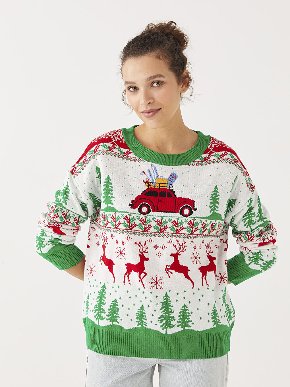 Ekru Yılbaşı Temalı Bisiklet Yaka Uzun Kollu Kadın Triko Kazak-1