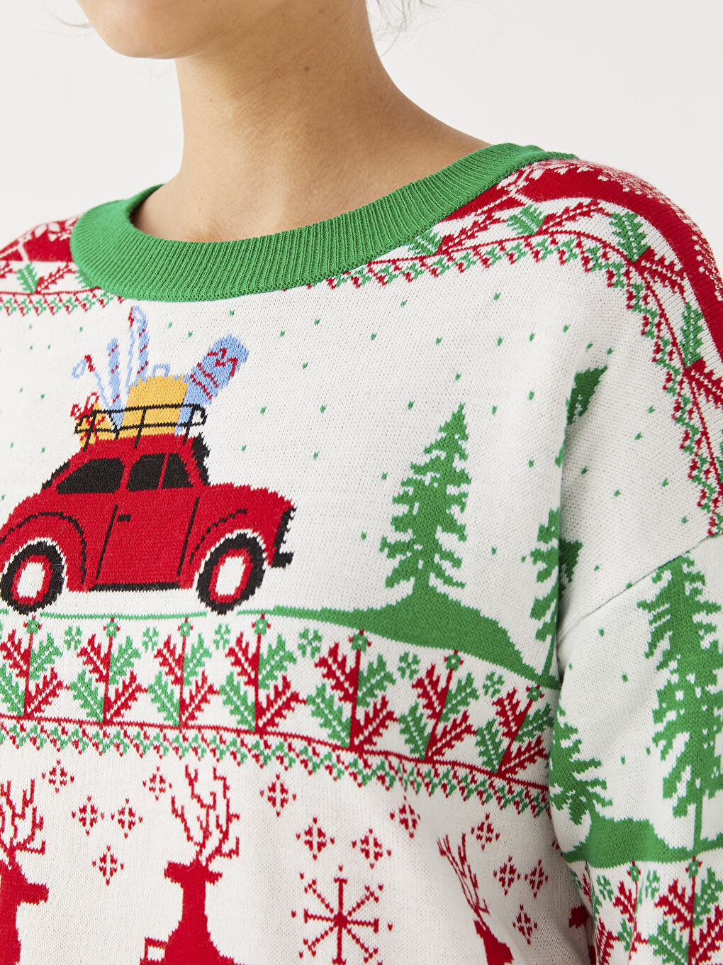 Ekru Yılbaşı Temalı Bisiklet Yaka Uzun Kollu Kadın Triko Kazak-3