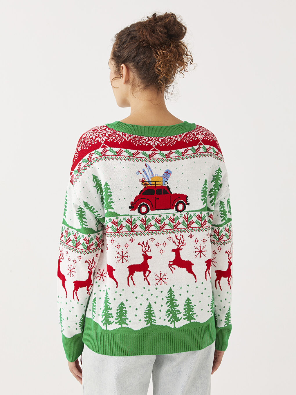 Ekru Yılbaşı Temalı Bisiklet Yaka Uzun Kollu Kadın Triko Kazak-4