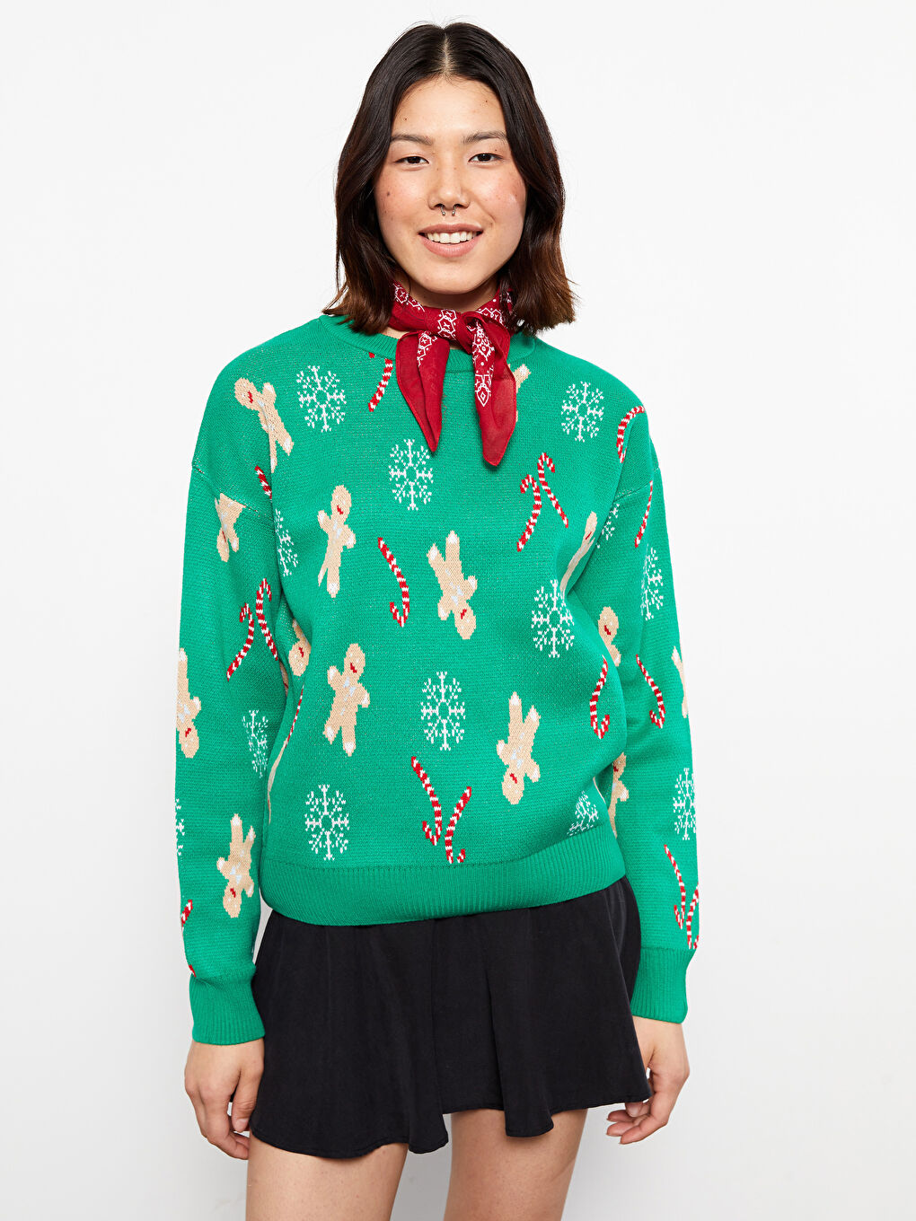 Yeşil Bisiklet Yaka Yılbaşı Temalı Uzun Kollu Kadın Triko Kazak-1