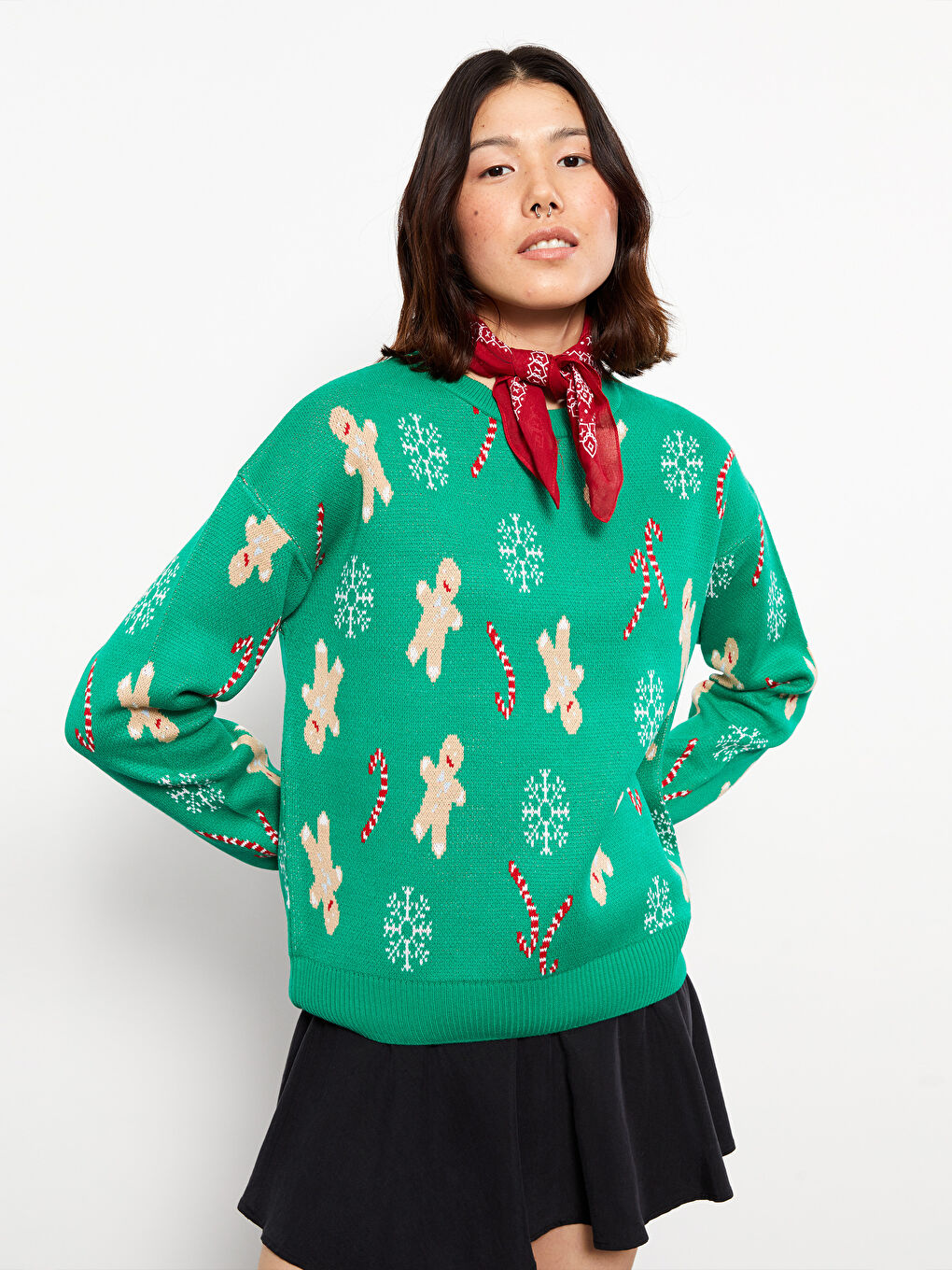 Yeşil Bisiklet Yaka Yılbaşı Temalı Uzun Kollu Kadın Triko Kazak-3