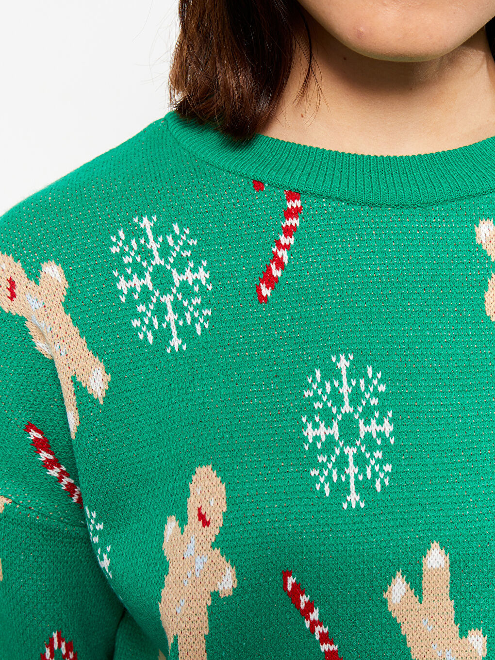Yeşil Bisiklet Yaka Yılbaşı Temalı Uzun Kollu Kadın Triko Kazak-7