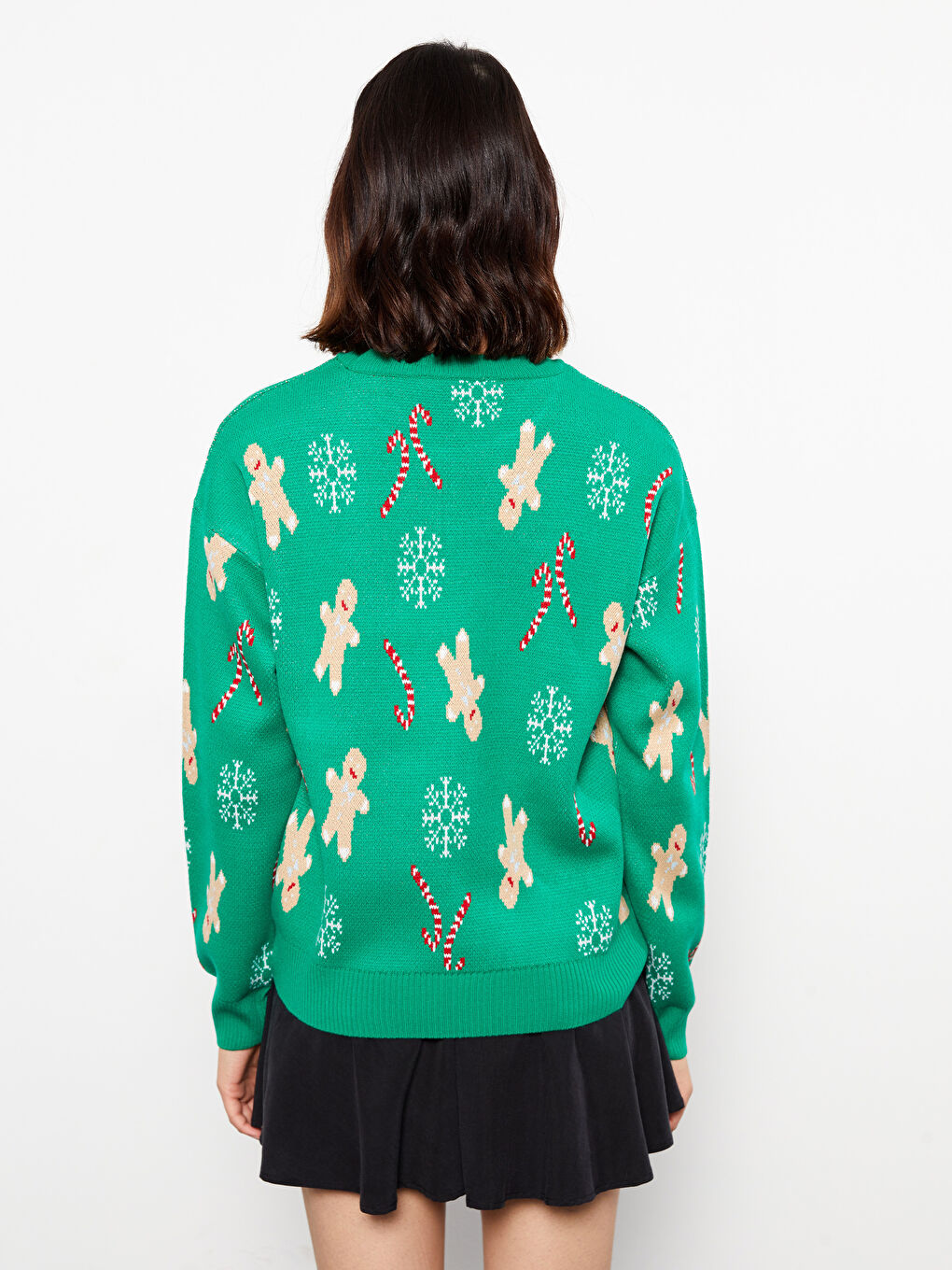 Yeşil Bisiklet Yaka Yılbaşı Temalı Uzun Kollu Kadın Triko Kazak-9