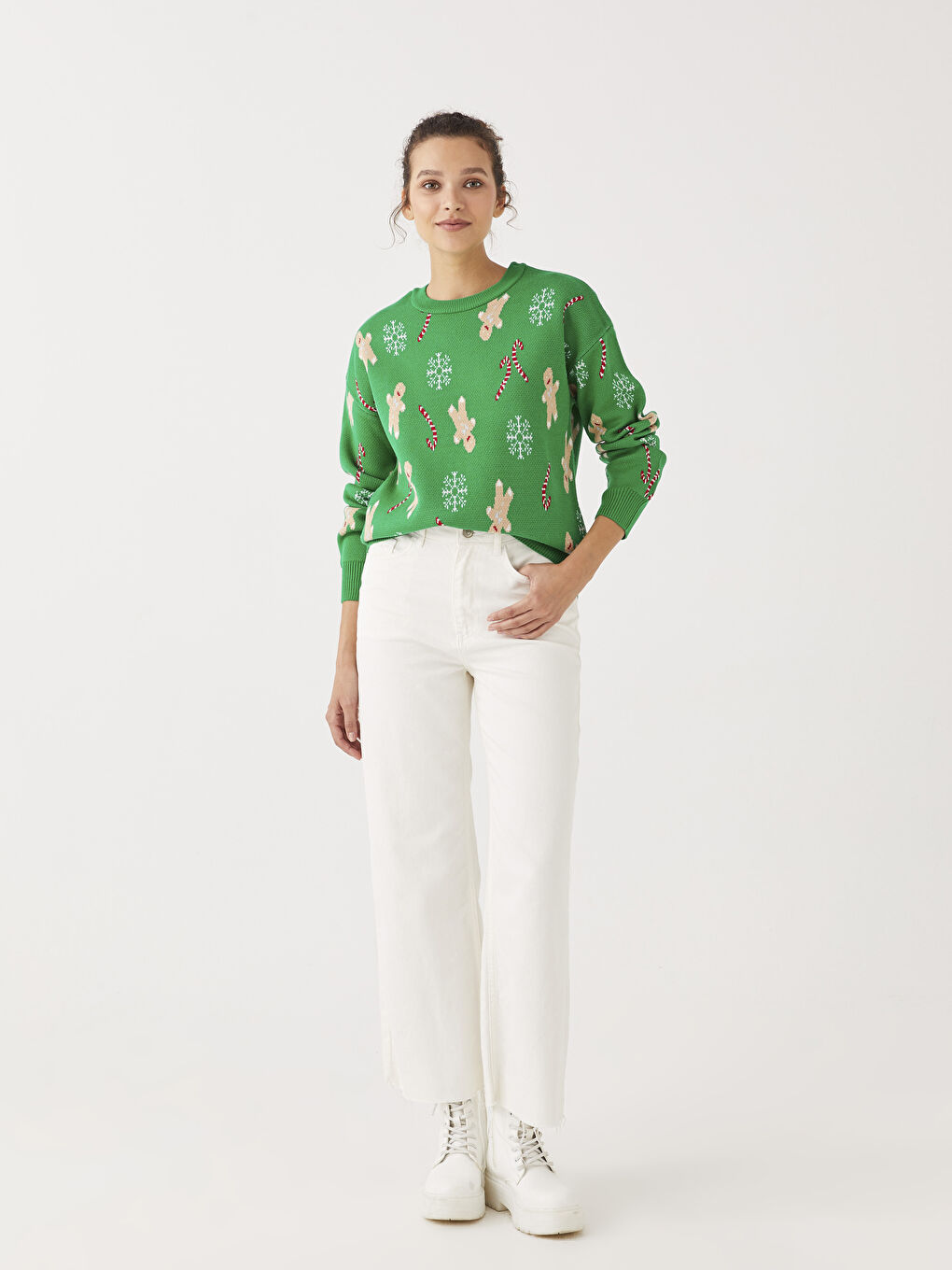Yeşil Bisiklet Yaka Yılbaşı Temalı Uzun Kollu Kadın Triko Kazak-4
