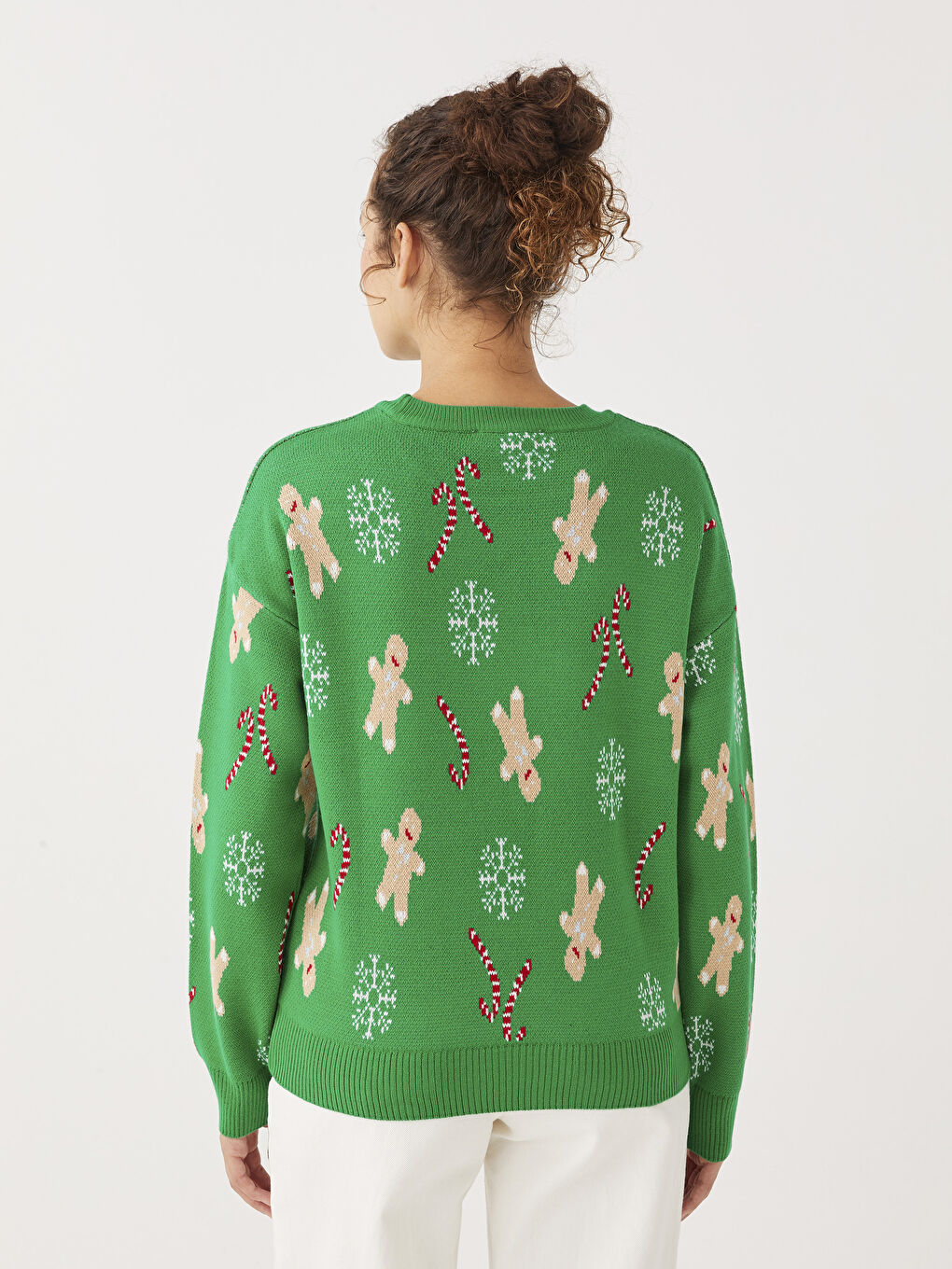 Yeşil Bisiklet Yaka Yılbaşı Temalı Uzun Kollu Kadın Triko Kazak-8